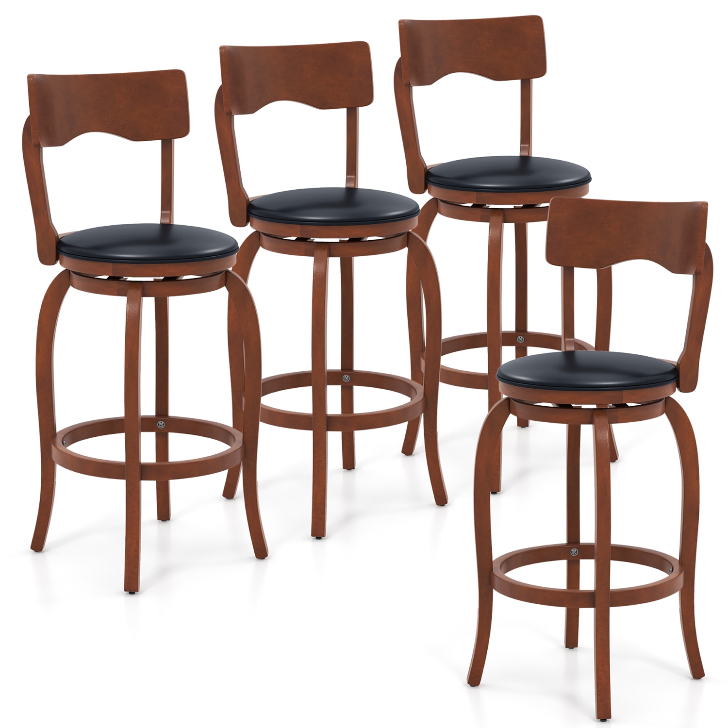 Gymax 29'' Swivel Bar Stools Set of 4 w/ Rubber Wood Frame Upholstered Seat Footrest