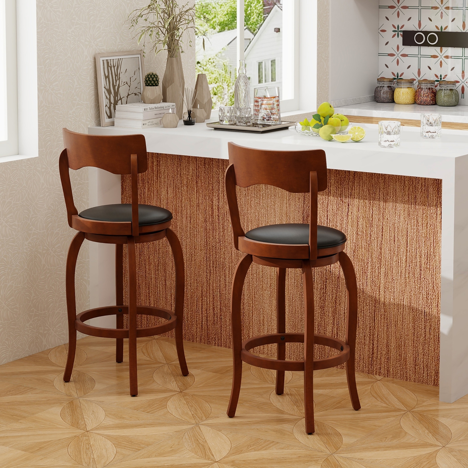 Gymax 29'' Swivel Bar Stools Set of 4 w/ Rubber Wood Frame Upholstered Seat Footrest