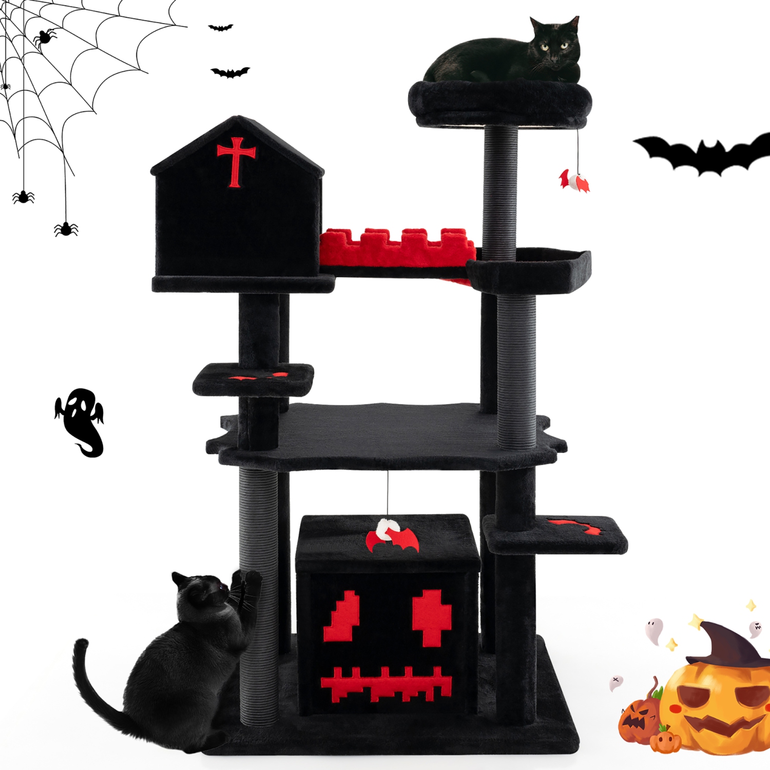 Gymax Gothic Cat Tree 49'' Tall Cat Tower w/ Coffin Bed & 2 Condos & Cozy Perch