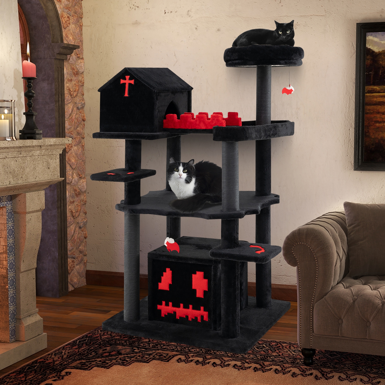 Gymax Gothic Cat Tree 49'' Tall Cat Tower w/ Coffin Bed & 2 Condos & Cozy Perch