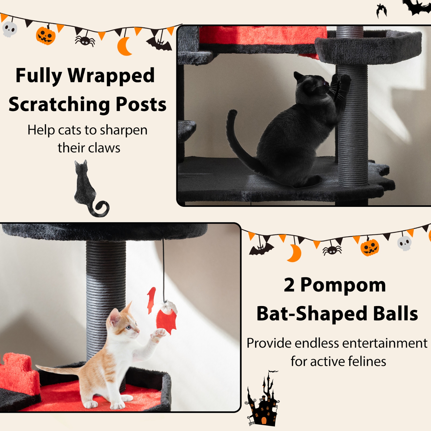 Gymax Gothic Cat Tree 49'' Tall Cat Tower w/ Coffin Bed & 2 Condos & Cozy Perch