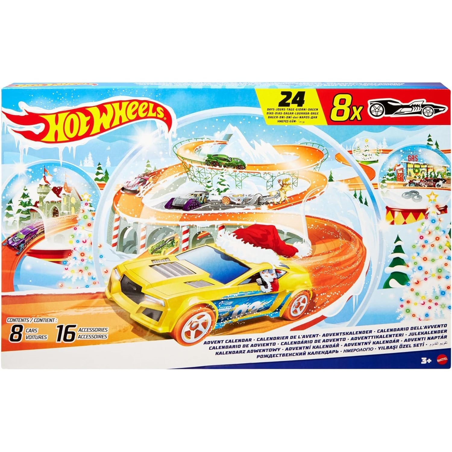 Hot Wheels&nbsp;: Calendrier de Noël de l'Avent – voitures à l'échelle 1:64, 16 accessoires d'hiver, 24 portes numérotées et tapis de jeu