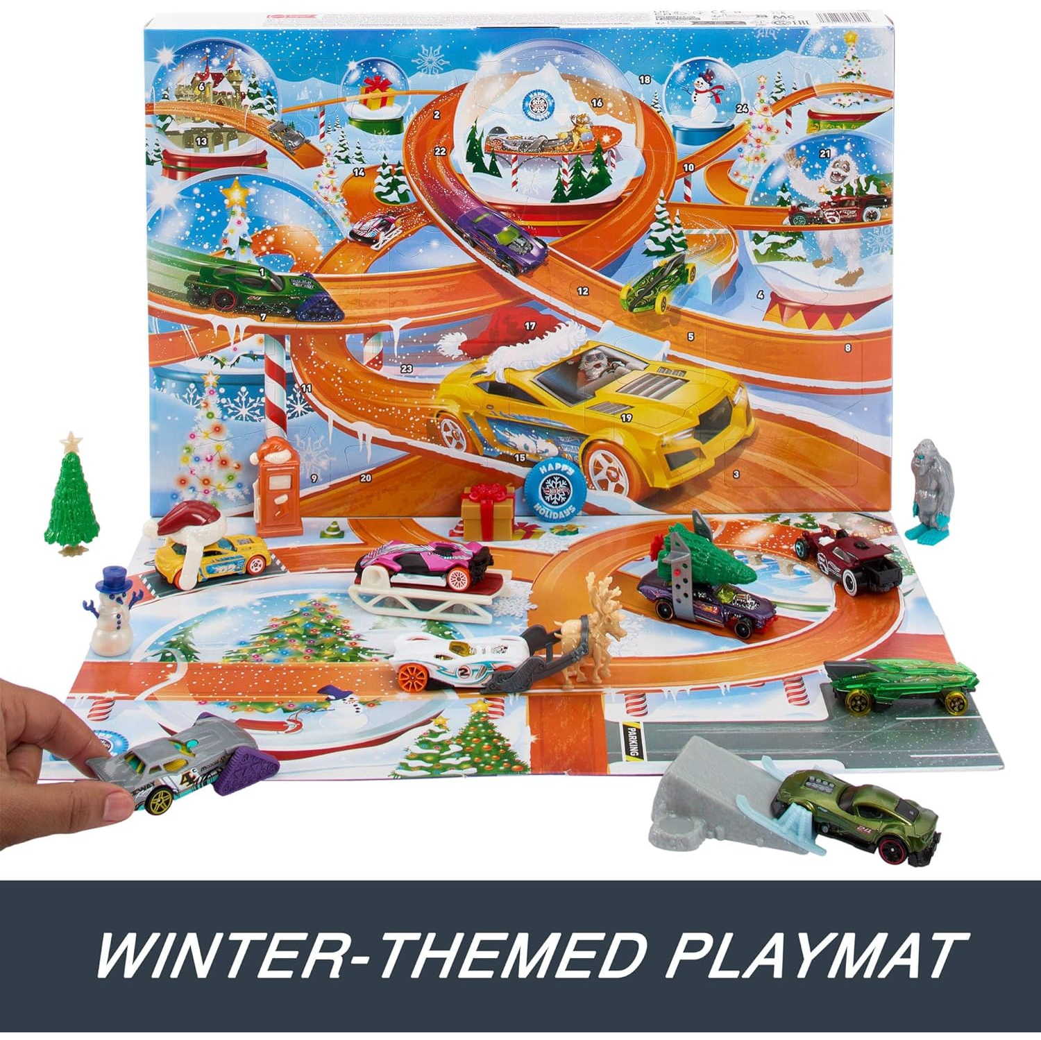 Hot Wheels&nbsp;: Calendrier de Noël de l'Avent – voitures à l'échelle 1:64, 16 accessoires d'hiver, 24 portes numérotées et tapis de jeu