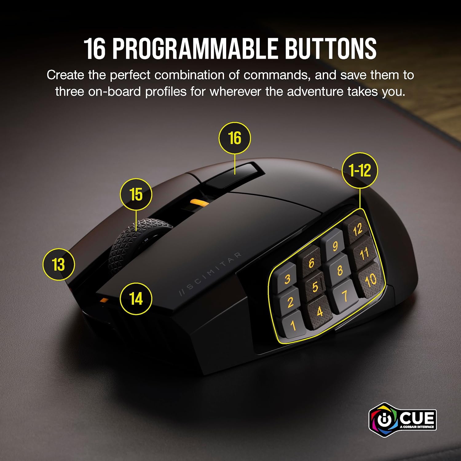 Corsair Scimitar Elite RGB Wireless MMO Gaming Mouse - 26,000 DPI - 16 Programmable Buttons - Up to 150hrs Battery - iCUE Compatible - Black