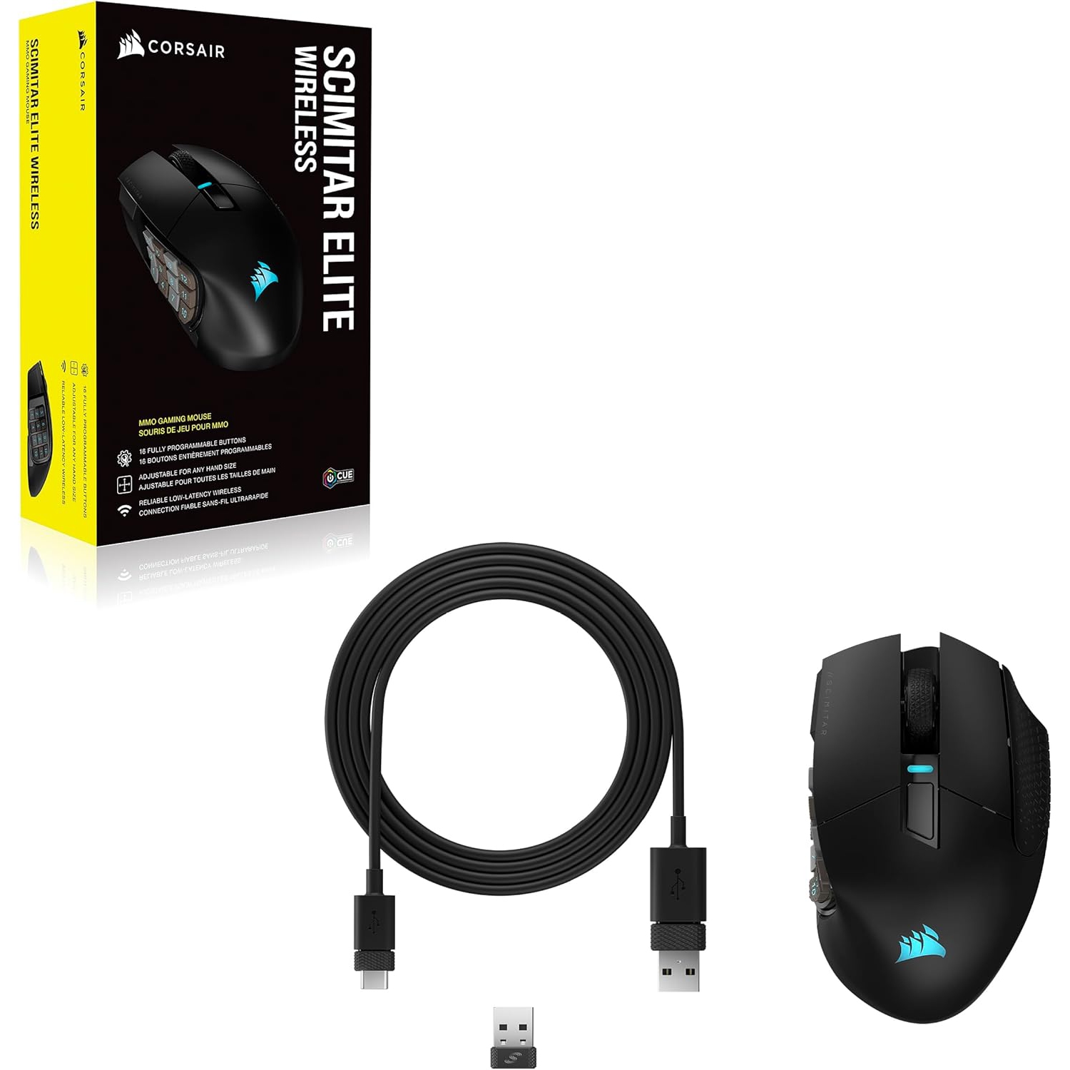 Corsair Scimitar Elite RGB Wireless MMO Gaming Mouse - 26,000 DPI - 16 Programmable Buttons - Up to 150hrs Battery - iCUE Compatible - Black