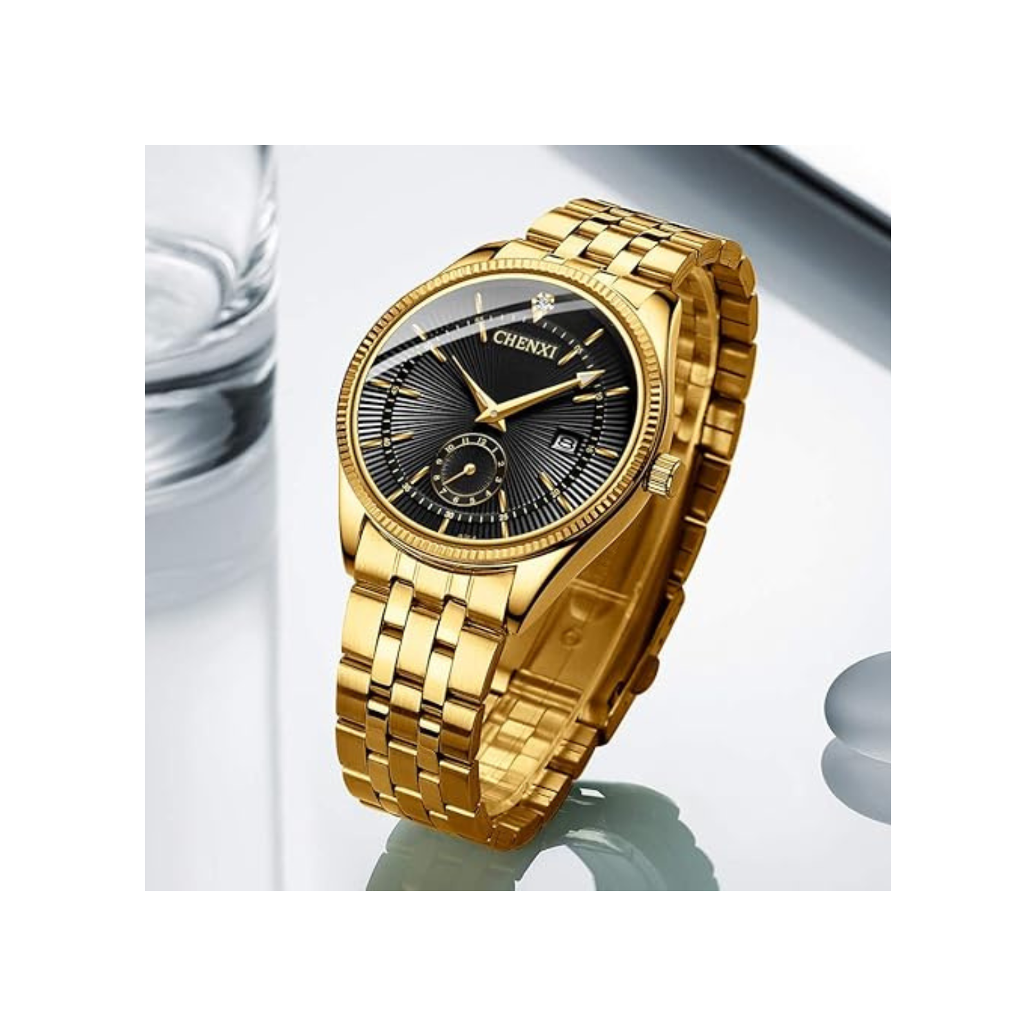 Men's Luxury Analog Quartz Gold Watch Business Stainless Steel Band Dress Wrist Watch Classic Calendar Date Window 3ATM Water Resistant