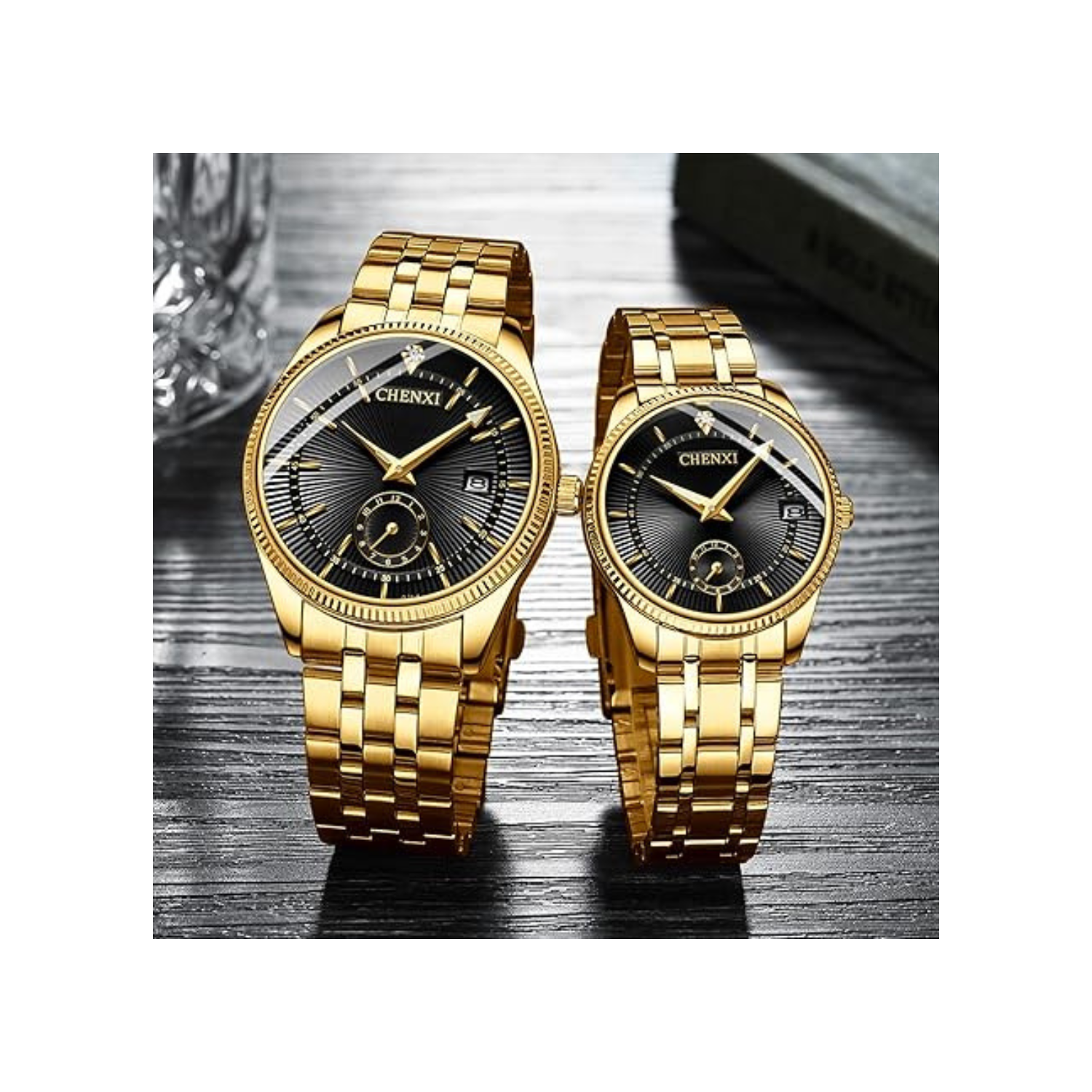 Men's Luxury Analog Quartz Gold Watch Business Stainless Steel Band Dress Wrist Watch Classic Calendar Date Window 3ATM Water Resistant