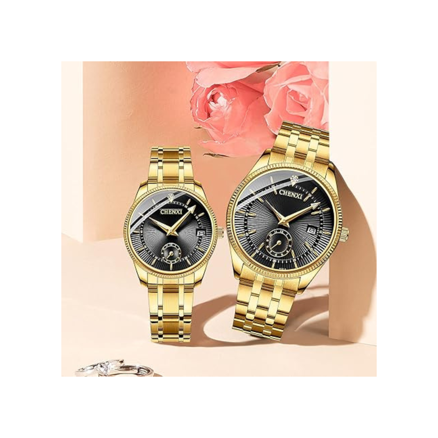 Men's Luxury Analog Quartz Gold Watch Business Stainless Steel Band Dress Wrist Watch Classic Calendar Date Window 3ATM Water Resistant