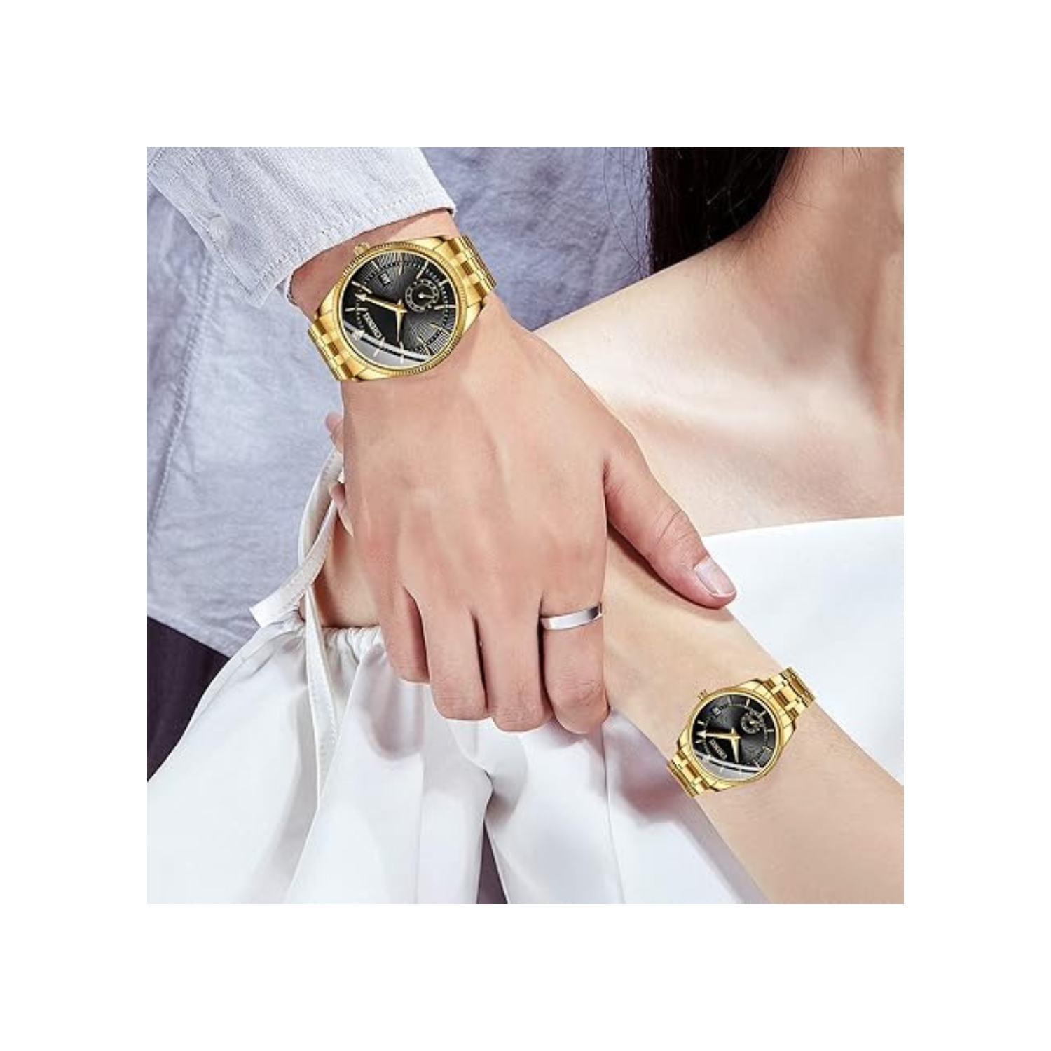 Men's Luxury Analog Quartz Gold Watch Business Stainless Steel Band Dress Wrist Watch Classic Calendar Date Window 3ATM Water Resistant