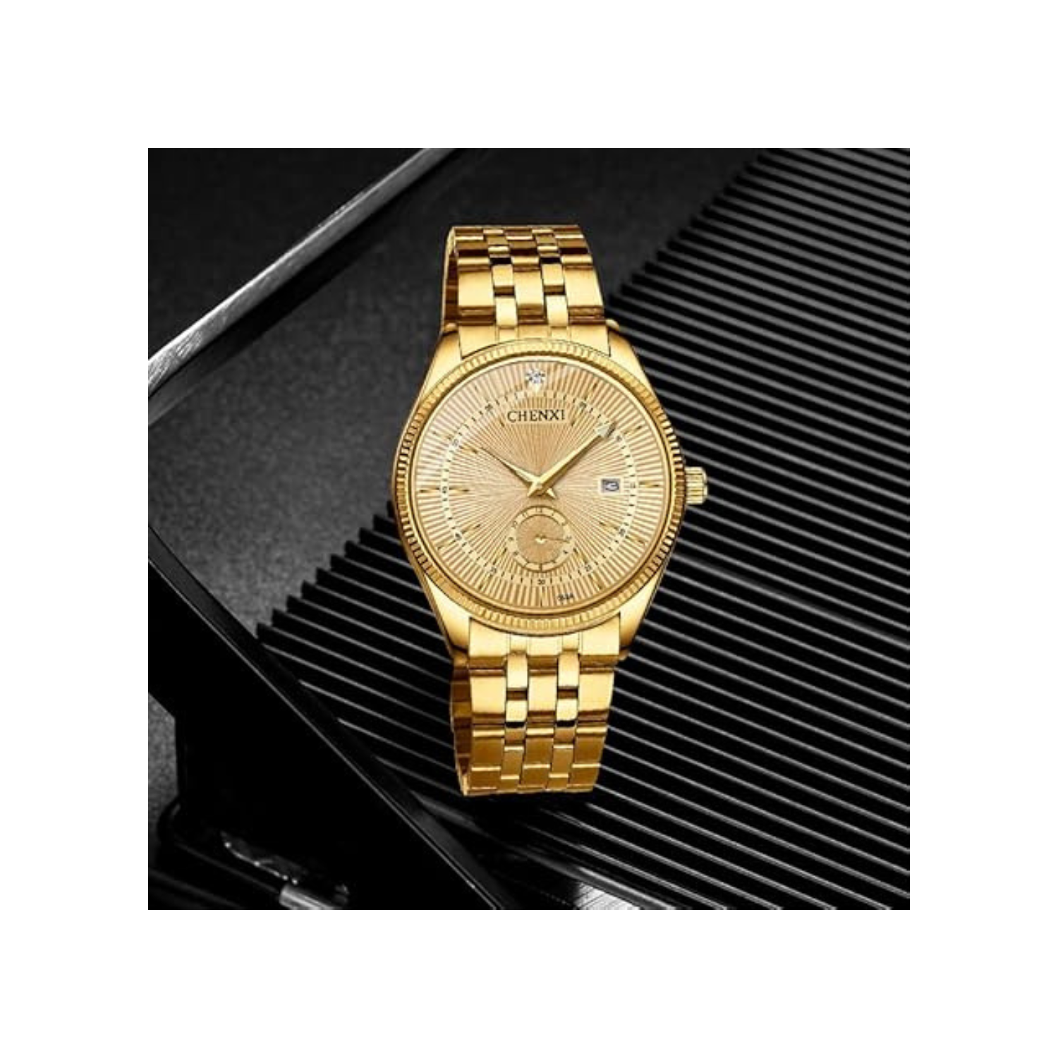 Men's Luxury Analog Quartz Gold Watch Business Stainless Steel Band Dress Wrist Watch Classic Calendar Date Window 3ATM Water Resistant