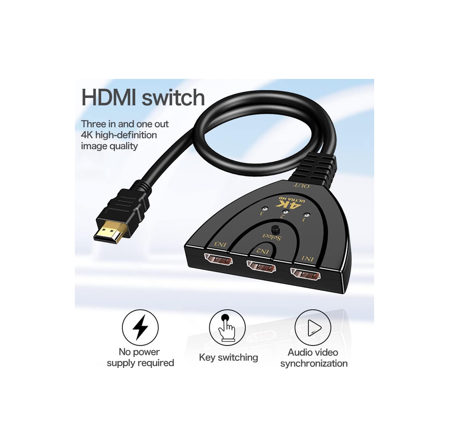 Commutateur HDMI 4K, 3 3 entrées, 1 sorties 4K@30&nbsp;Hz, commutateur répartiteur de concentrateur HDMI, commutation automatique UHD, 3D HD 1080P