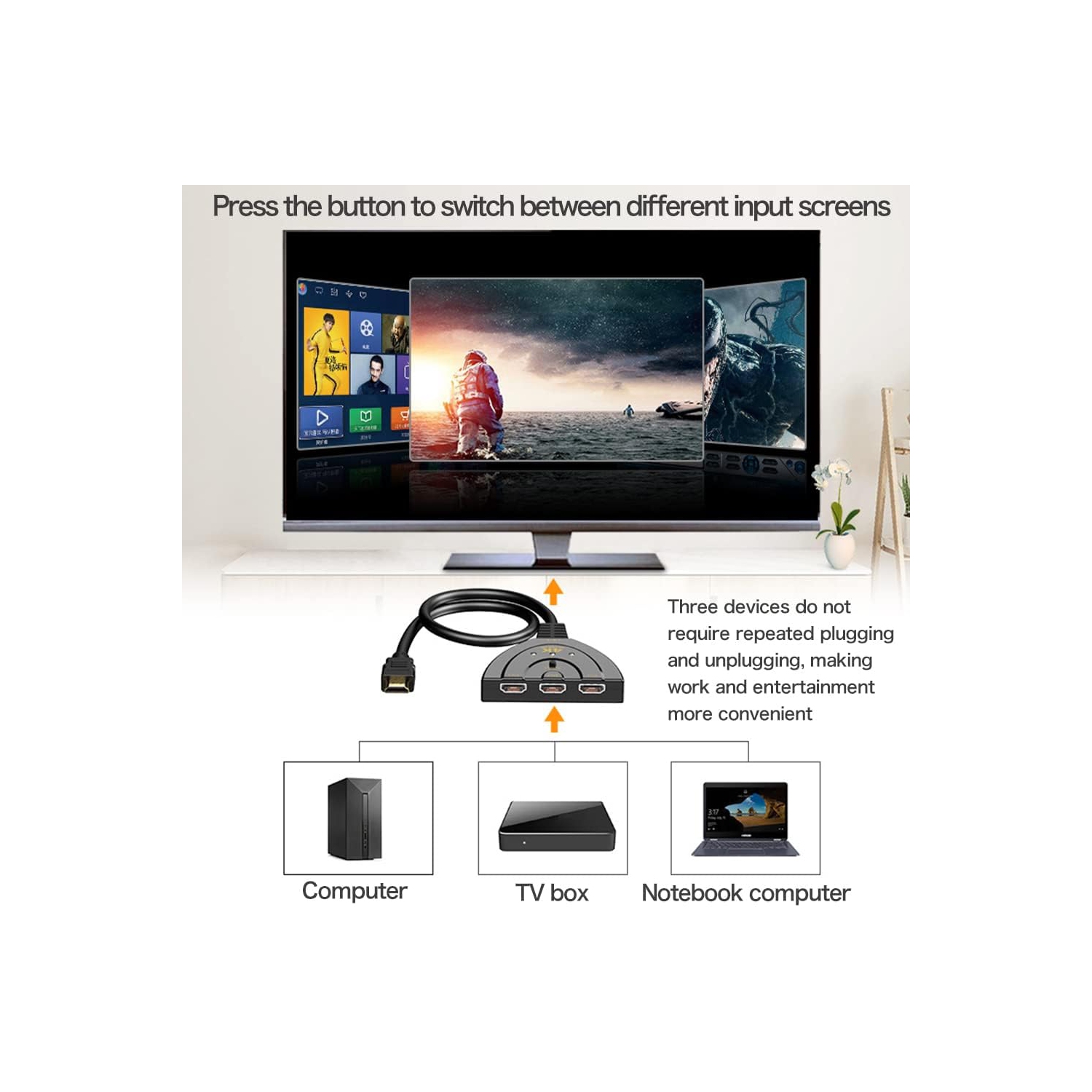 Commutateur HDMI 4K, 3 3 entrées, 1 sorties 4K@30&nbsp;Hz, commutateur répartiteur de concentrateur HDMI, commutation automatique UHD, 3D HD 1080P