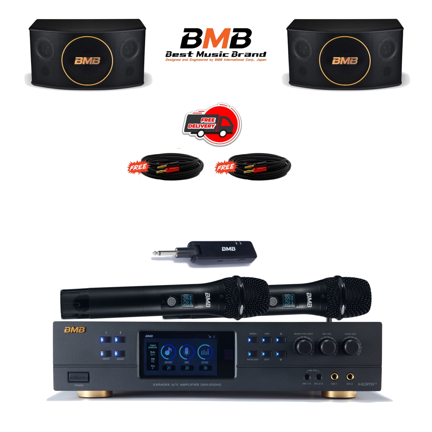 NEW BMB DAR-200HD 4K HDMI ARC Optical Bluetooth Karaoke Amplifier, WH-210 UHF Wireless Microphones, CSJ-10 10" Karaoke Speakers package