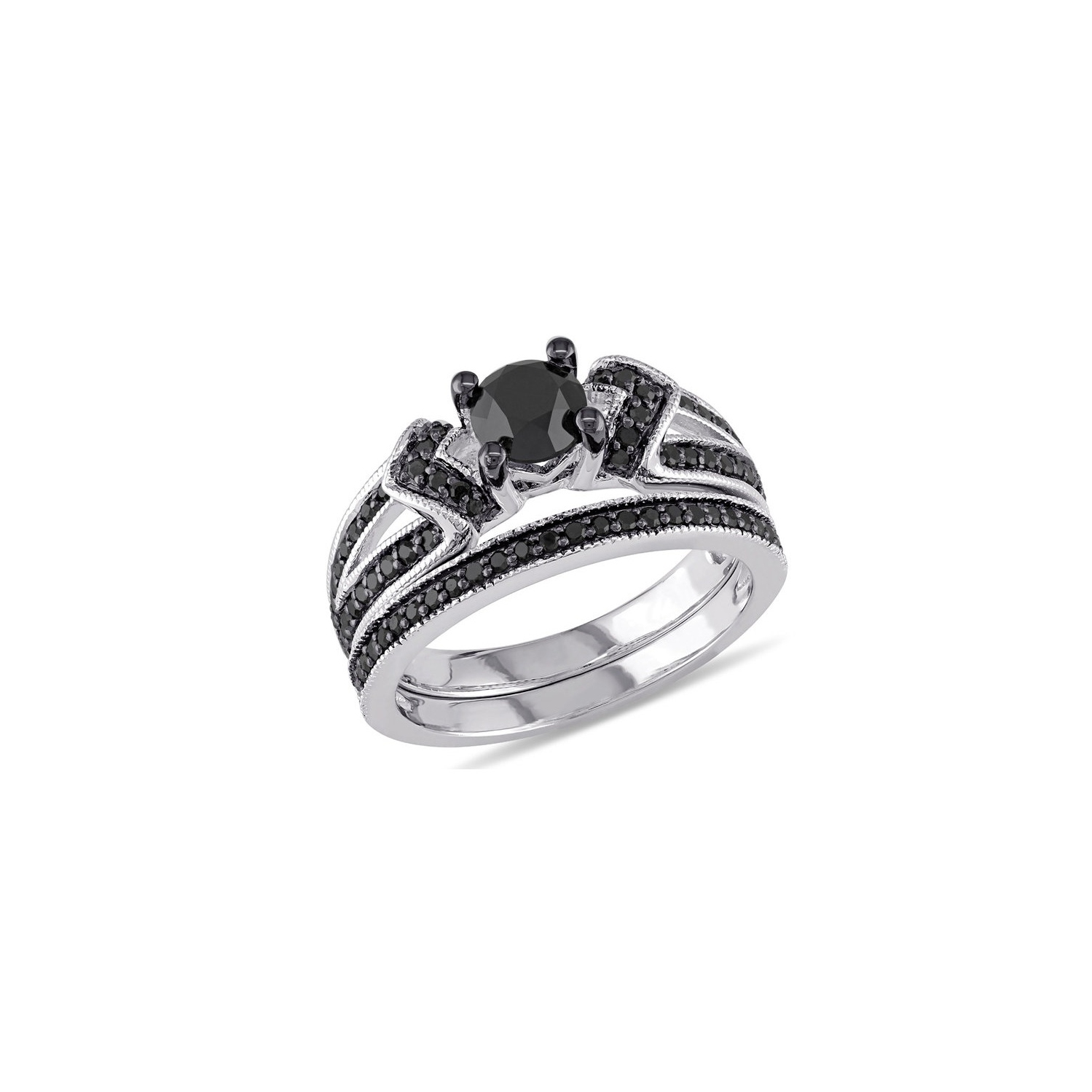 1.12 Carat Black and White Diamond Engagement Ring and Wedding Band Set in Sterling Silver
