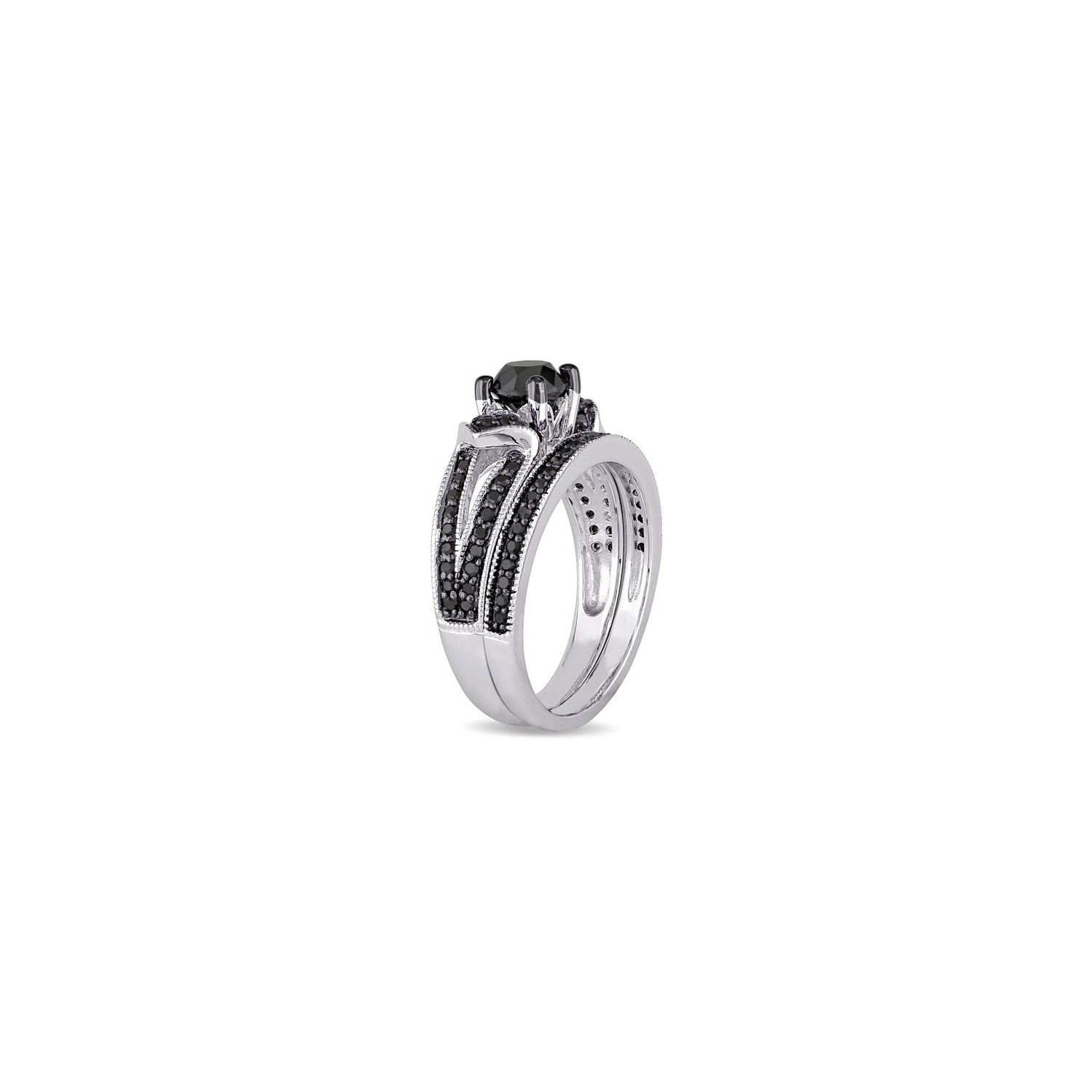 1.12 Carat Black and White Diamond Engagement Ring and Wedding Band Set in Sterling Silver