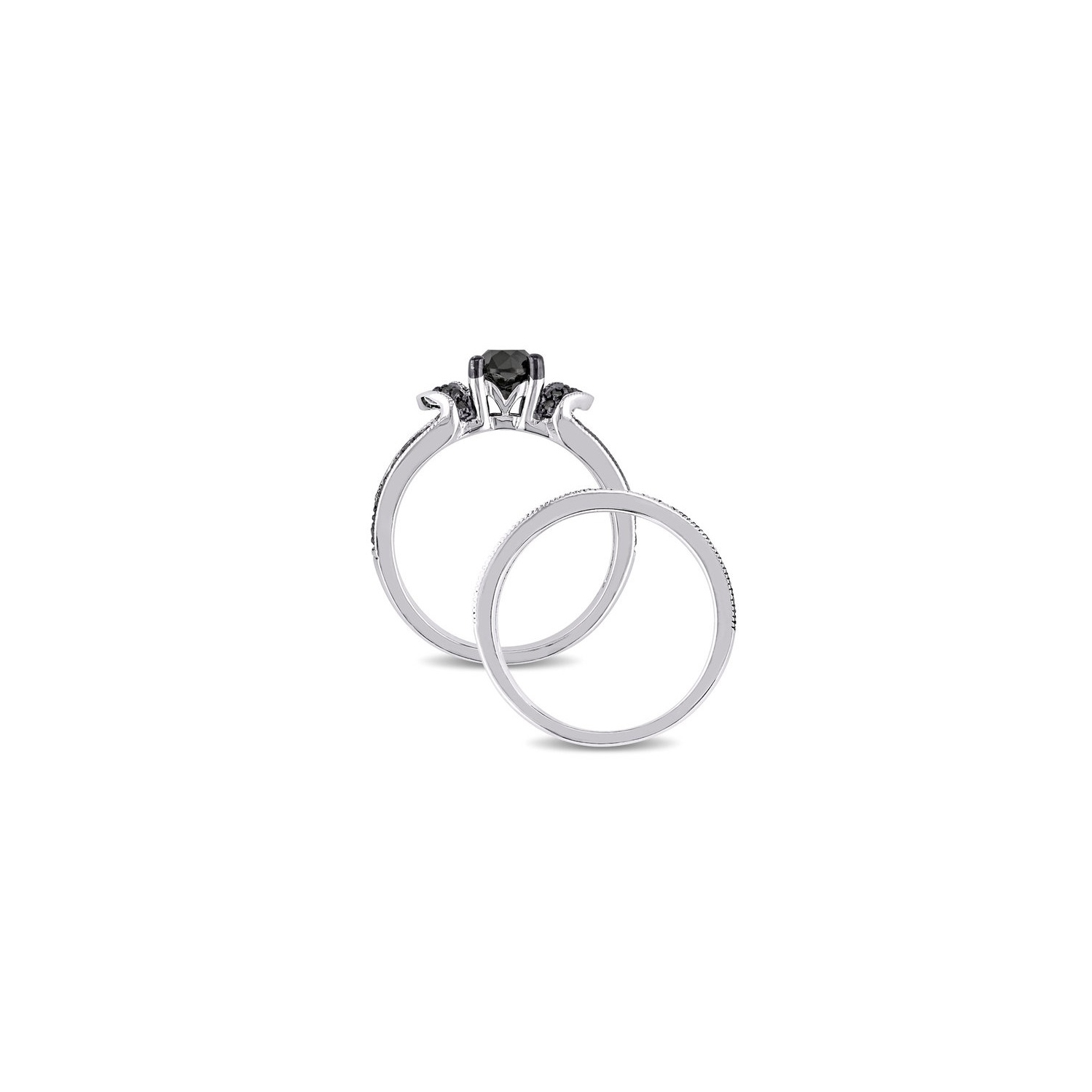 1.12 Carat Black and White Diamond Engagement Ring and Wedding Band Set in Sterling Silver