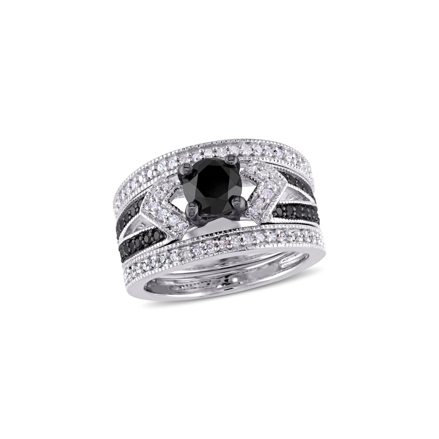 1.26 Carat Black Diamond Engagement Ring and Wedding Band Set in Sterling Silver