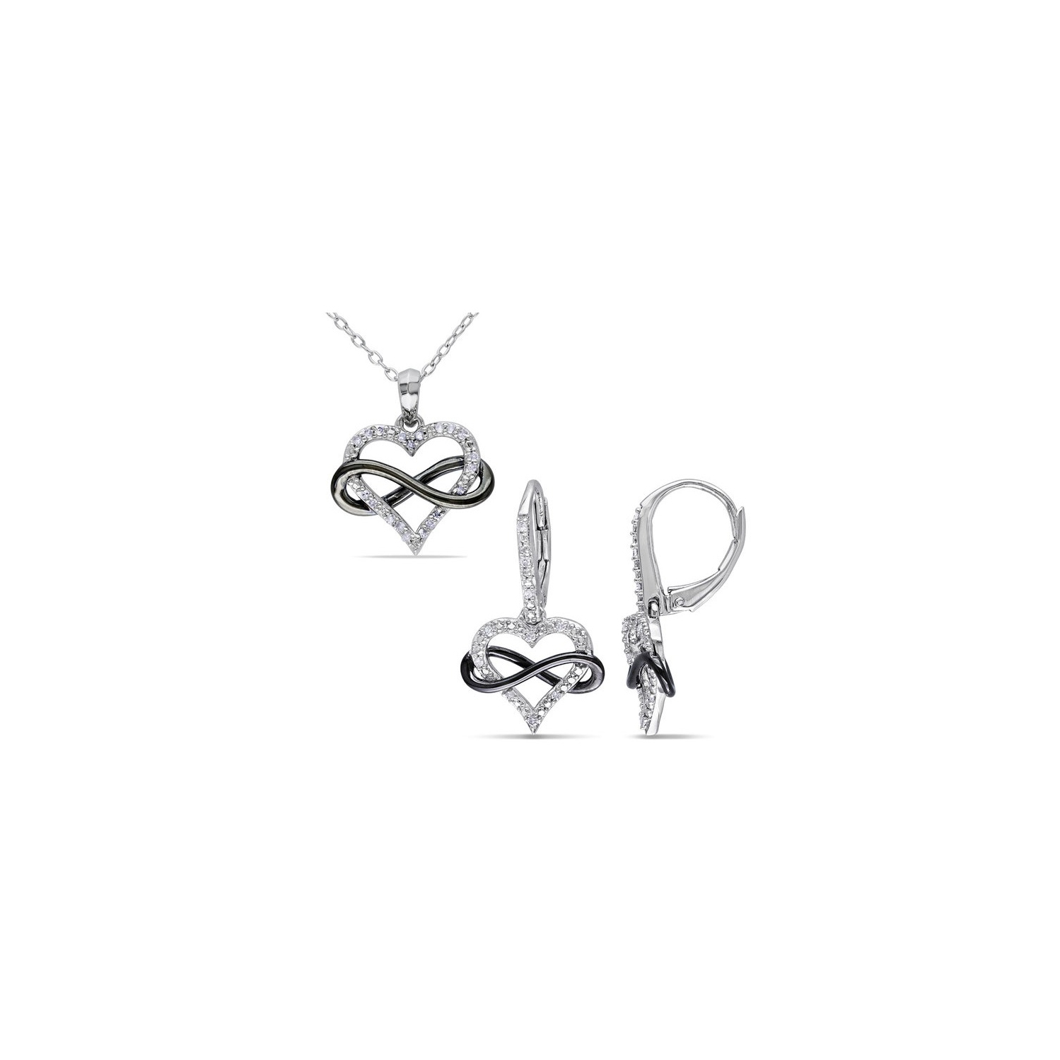 Boucles d'oreilles et pendentif en forme de coeur infini avec diamants 1/6&nbsp;carat en argent sterling