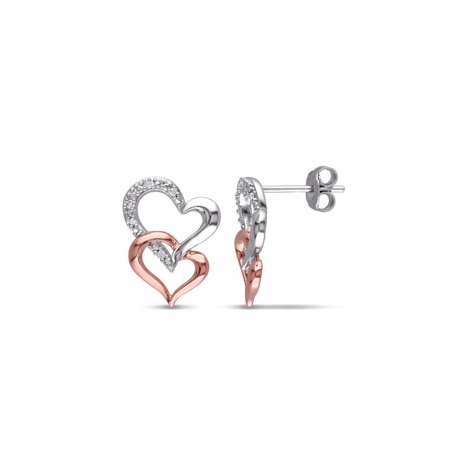 Accent Diamond Double Heart Dangle Earrings in Sterling Silver