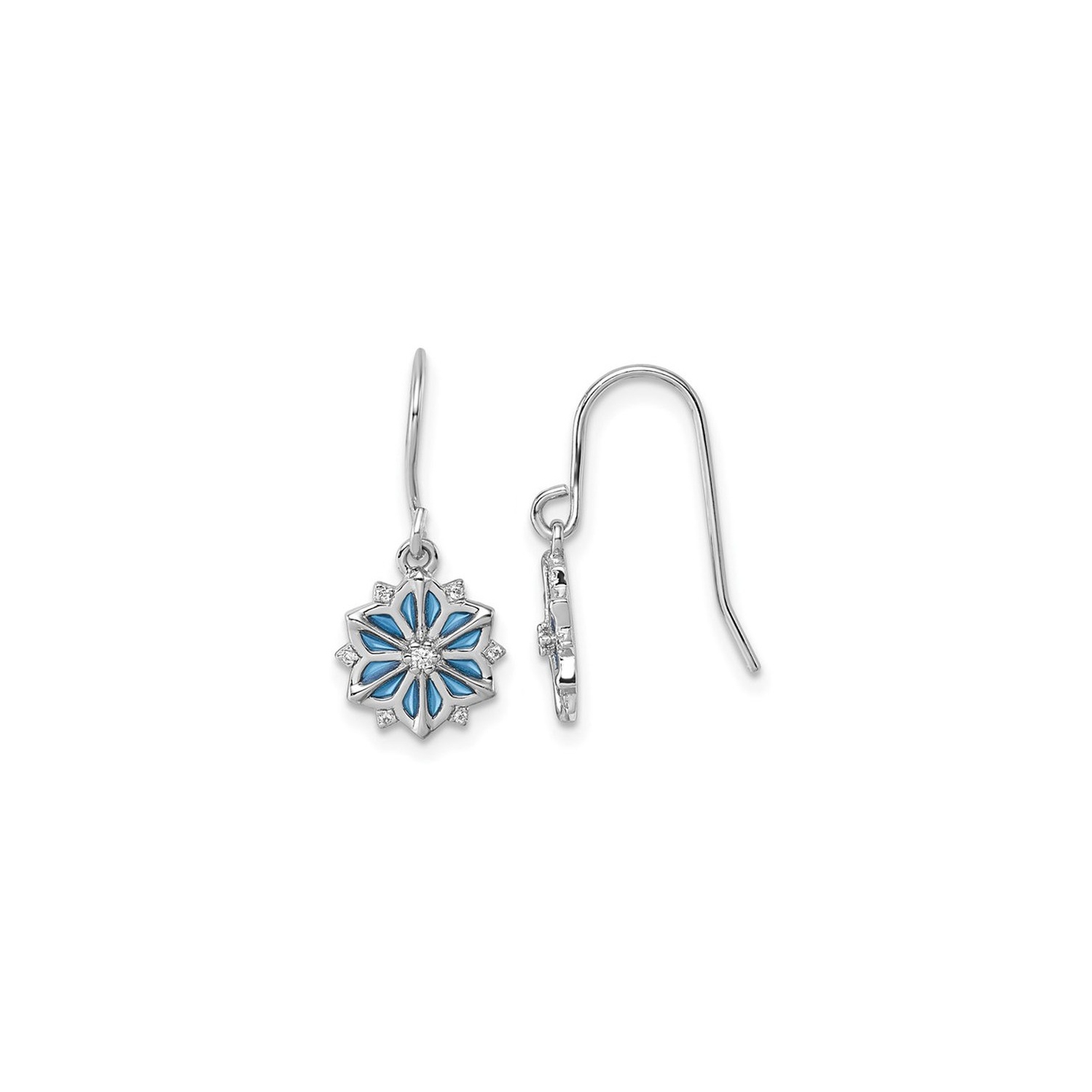 Sterling Silver Winter Snowflake Dangle Drop Earrings with Blue Enamel and Cubic Zirconias