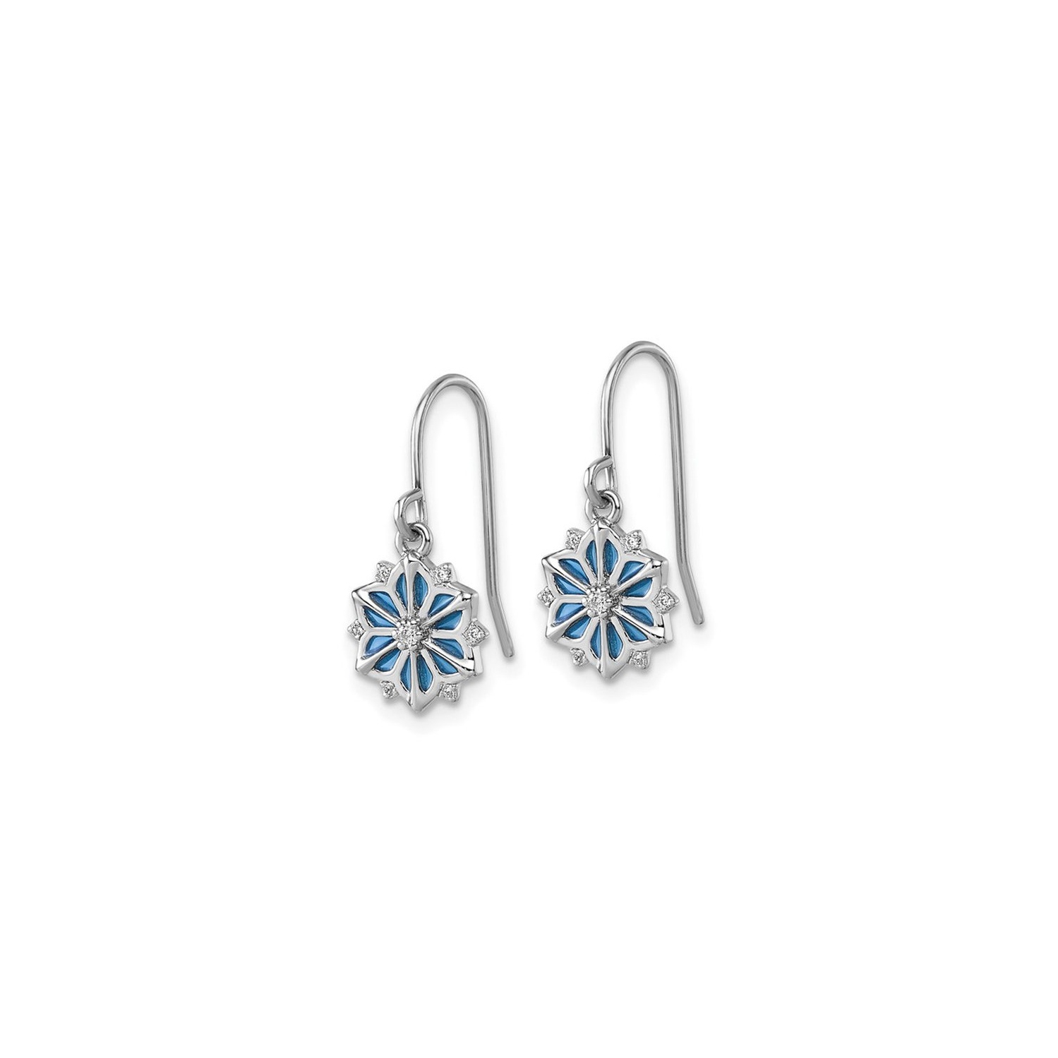 Sterling Silver Winter Snowflake Dangle Drop Earrings with Blue Enamel and Cubic Zirconias