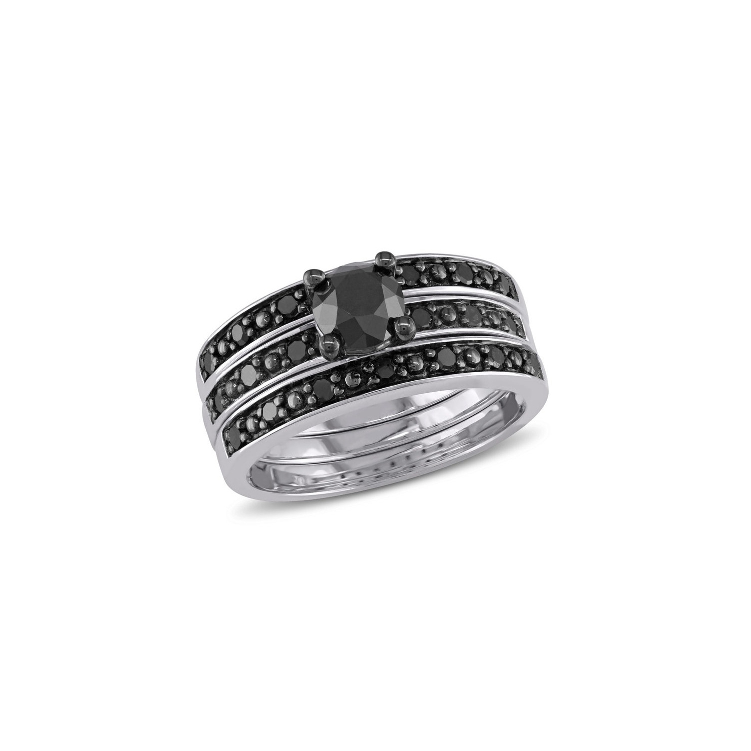 1.10 Carat Black Diamond Engagement Ring and Wedding Band Set in Sterling Silver