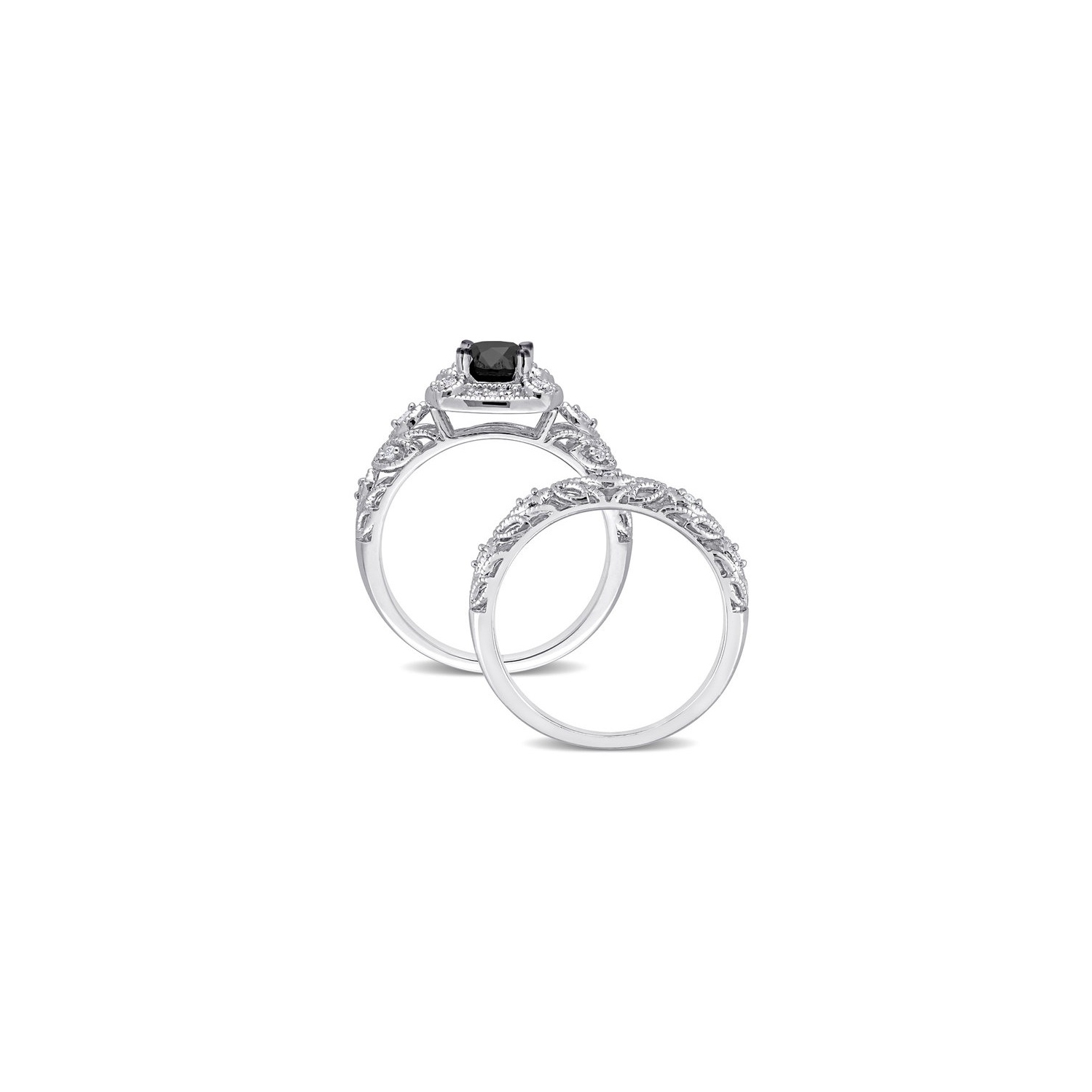 1.16 Carat Black and White Diamond Engagement Ring and Wedding Band Set in Sterling Silver