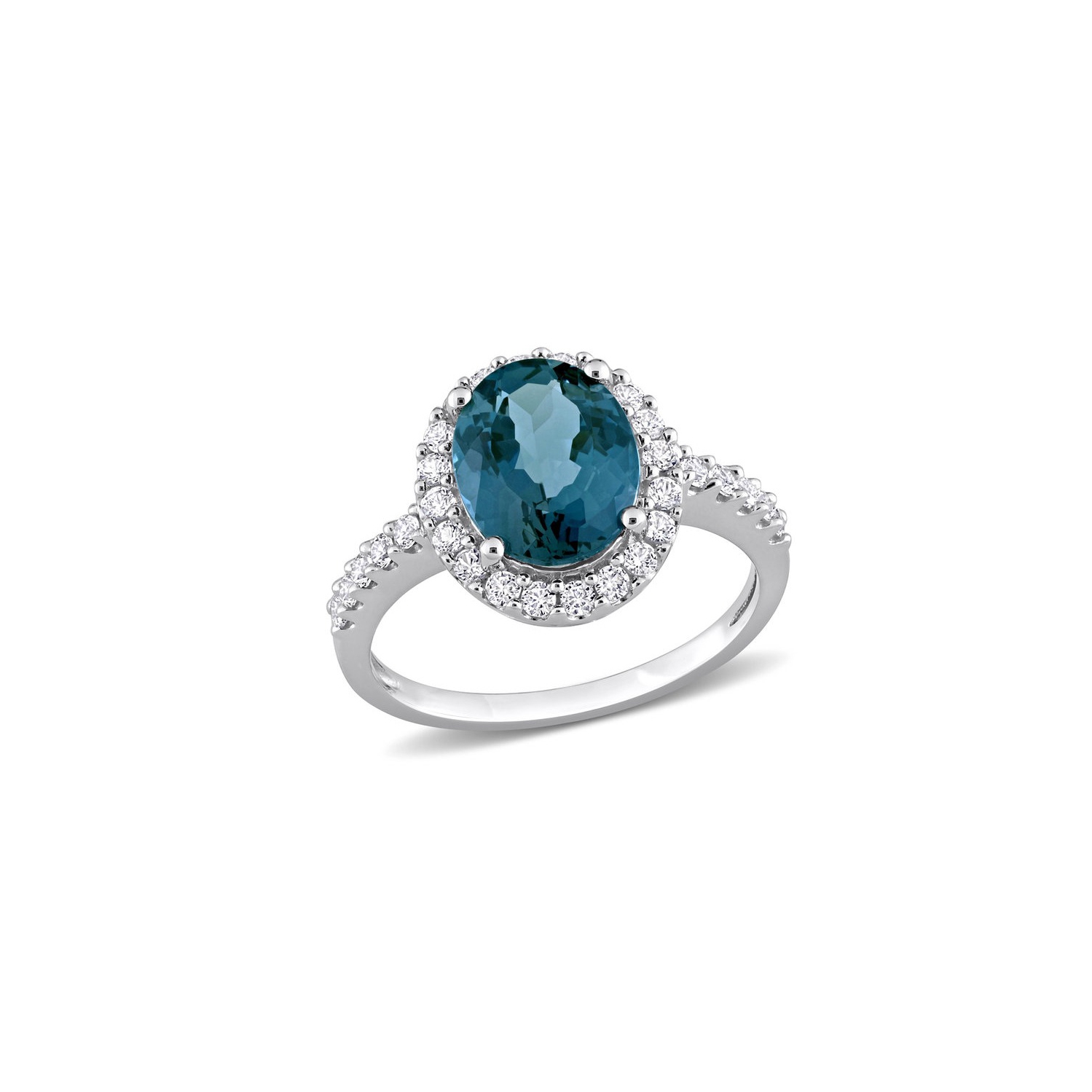 4.20 Carat London Blue Topaz and Lab-Created White Sapphire Halo Ring in 10K White Gold