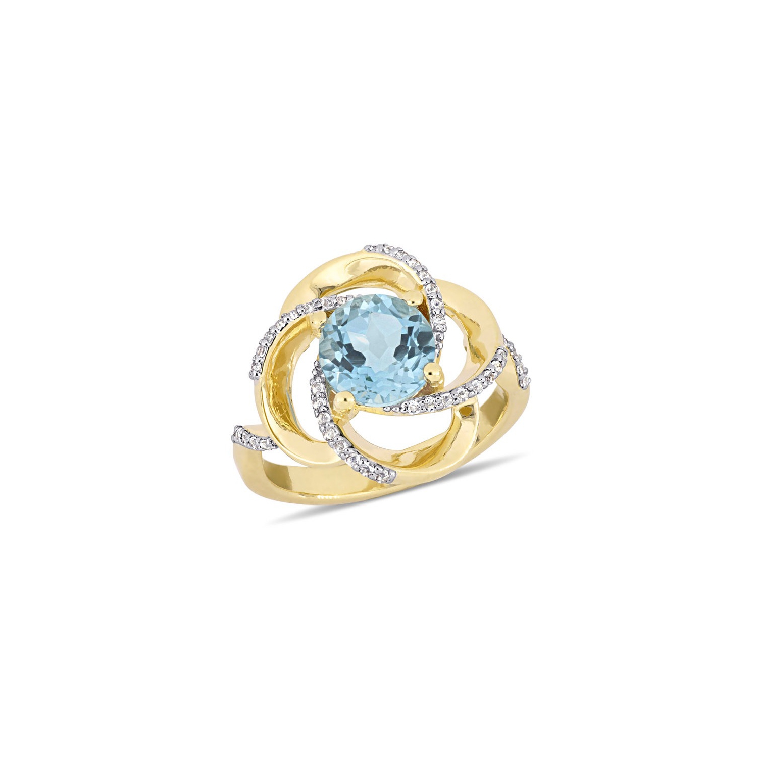 2.57 Carat Blue and White Topaz Swirl Ring in Yellow Plated Sterling Silver