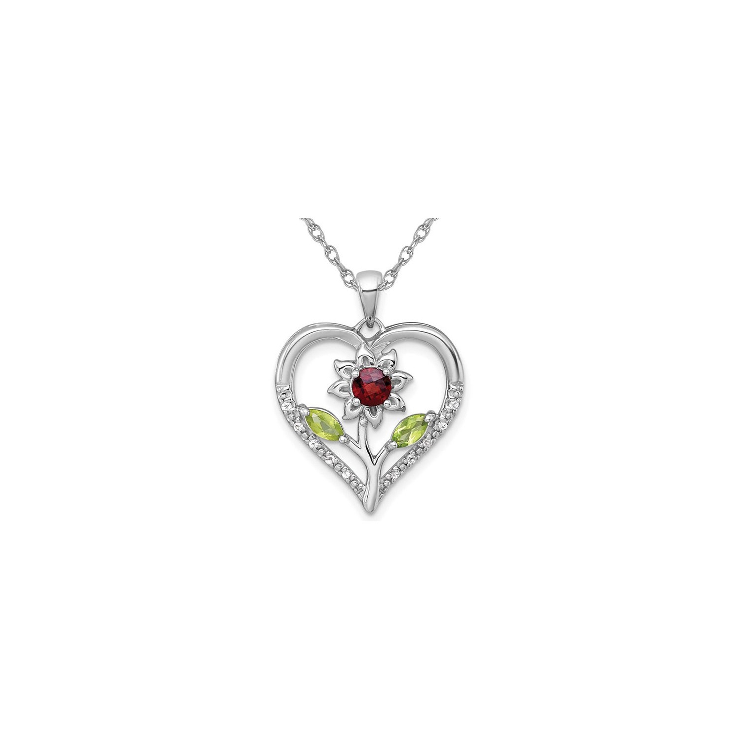3/4 Carat Garnet, Peridot and White Topaz Flower Heart Pendant Necklace in Sterling Silver with Chain