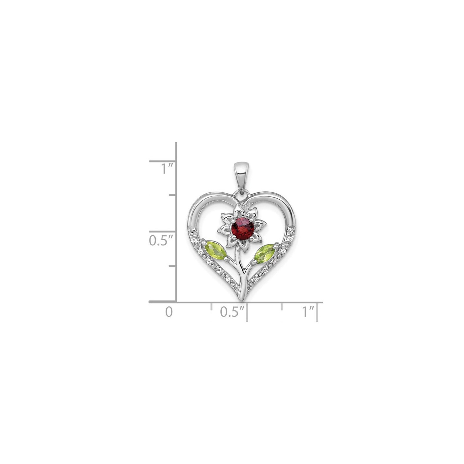 3/4 Carat Garnet, Peridot and White Topaz Flower Heart Pendant Necklace in Sterling Silver with Chain