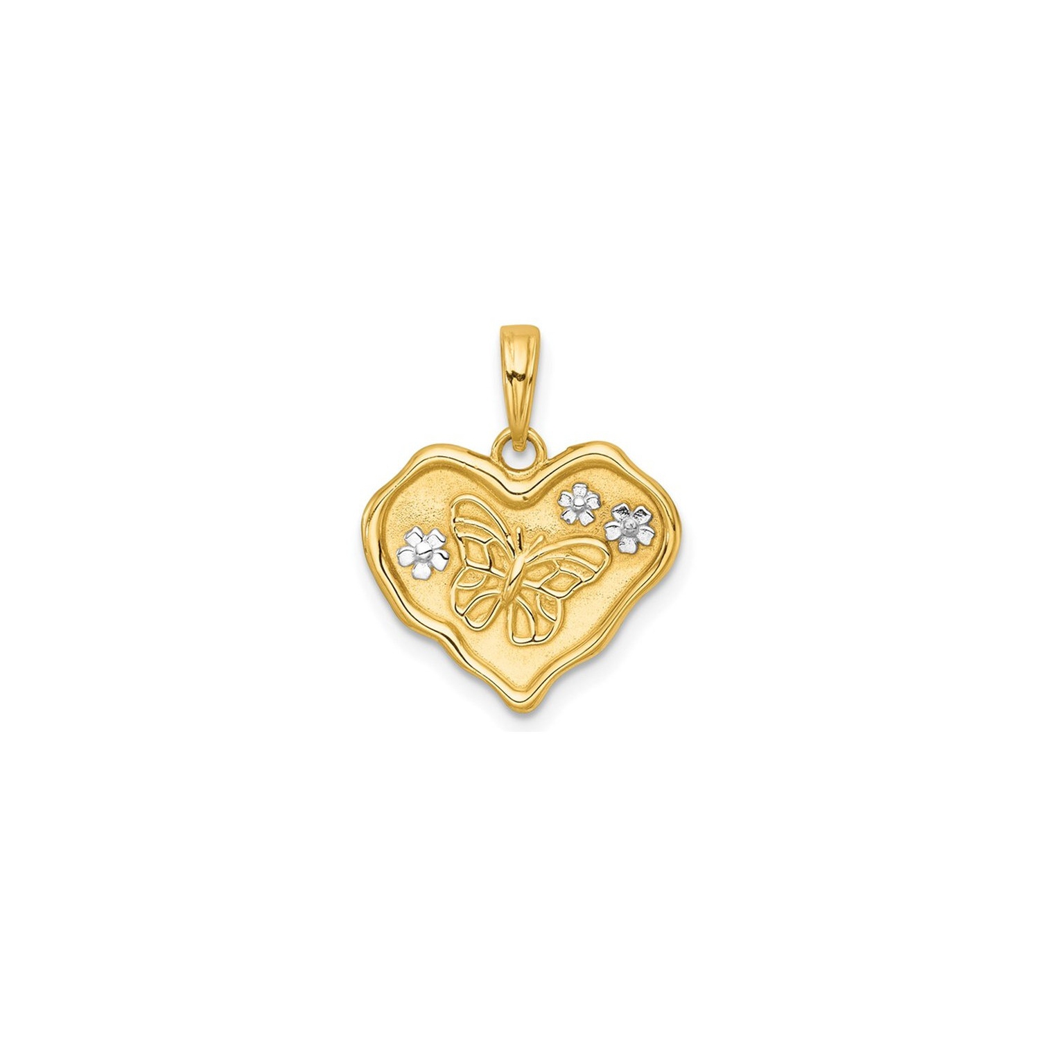 14K Yellow Gold Brushed Butterfly and Flowers Heart Pendant Charm
