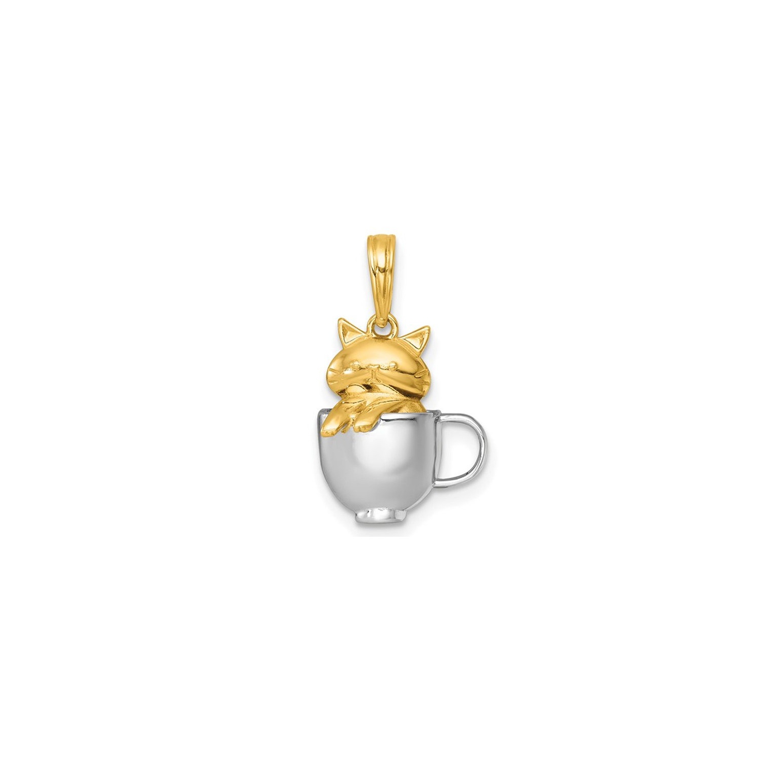 14K Yellow and White Gold Cat in a Mug Charm Pendant