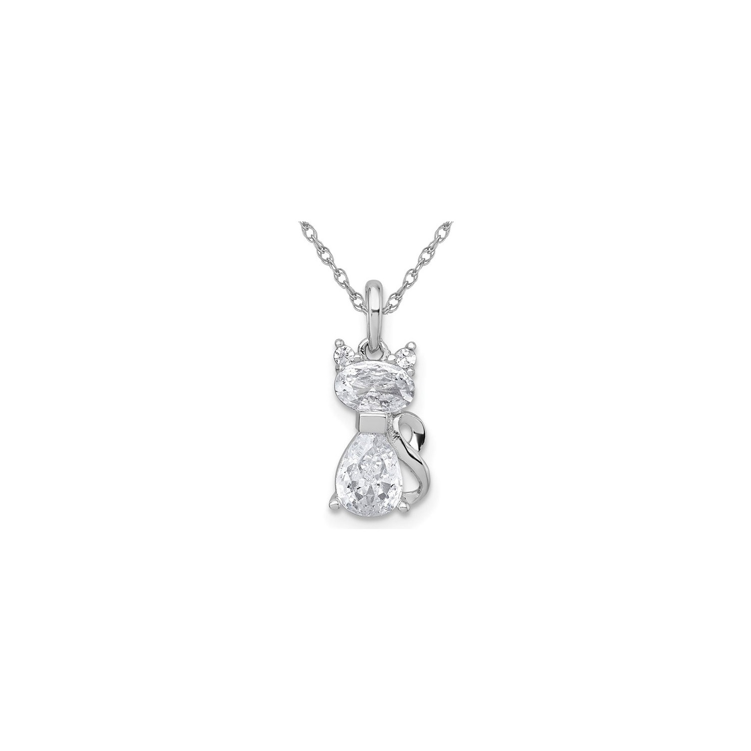 Steling Silver Cat Charm Pendant Necklace with Cubic Zirconias and Chain