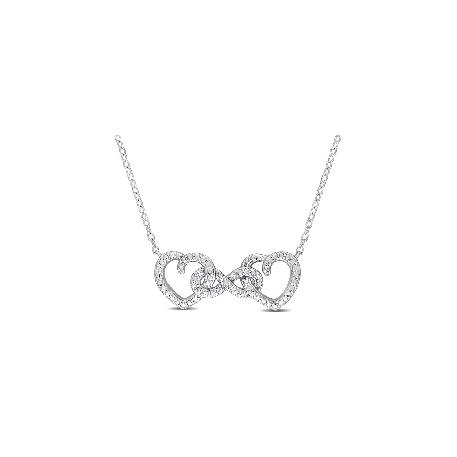 Accent Diamond Double Heart Pendant Necklace in Sterling Silver with Chain