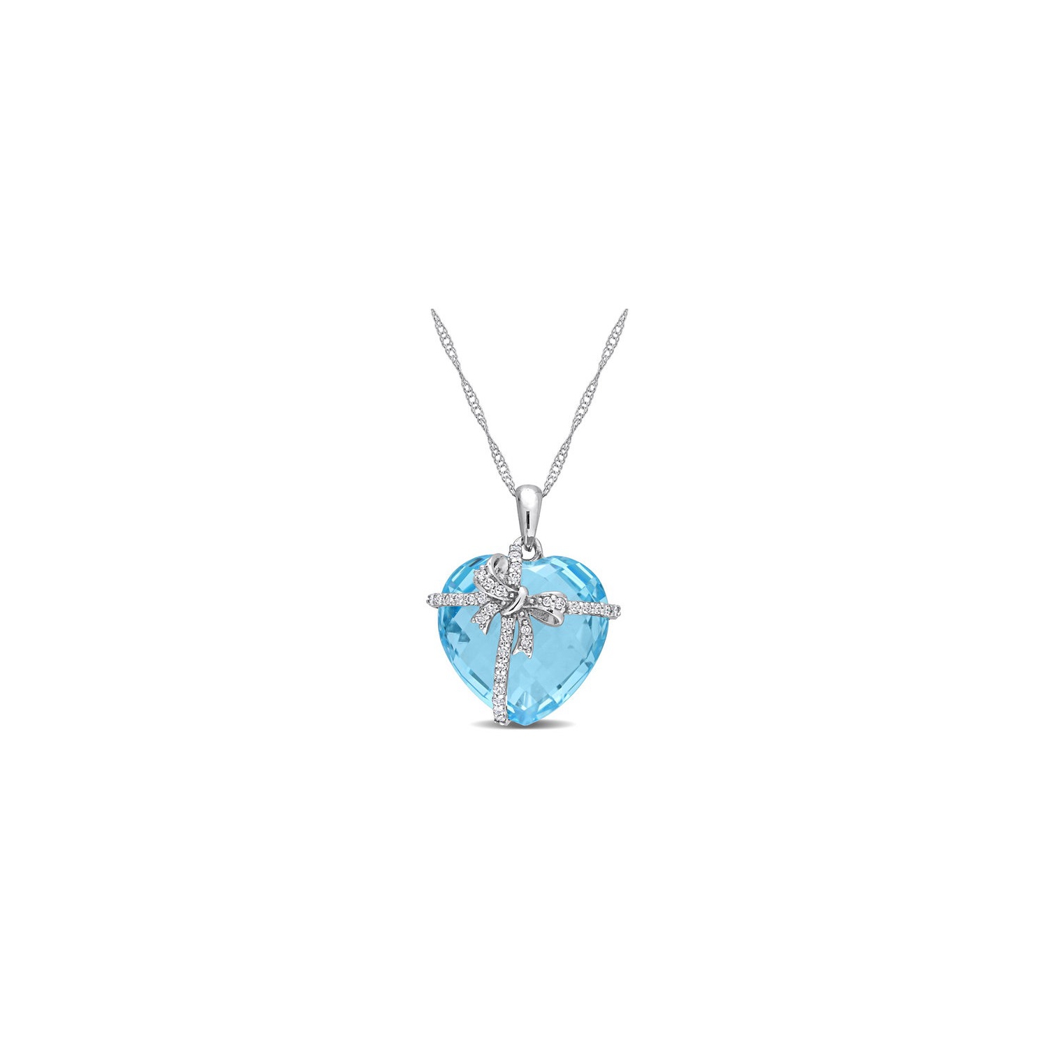 14.50 Carat Blue Topaz Heart Pendant Necklace in 10K White Gold with Chain with Diamonds