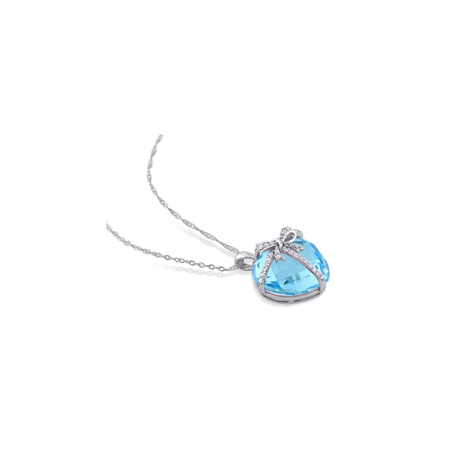 14.50 Carat Blue Topaz Heart Pendant Necklace in 10K White Gold with Chain with Diamonds