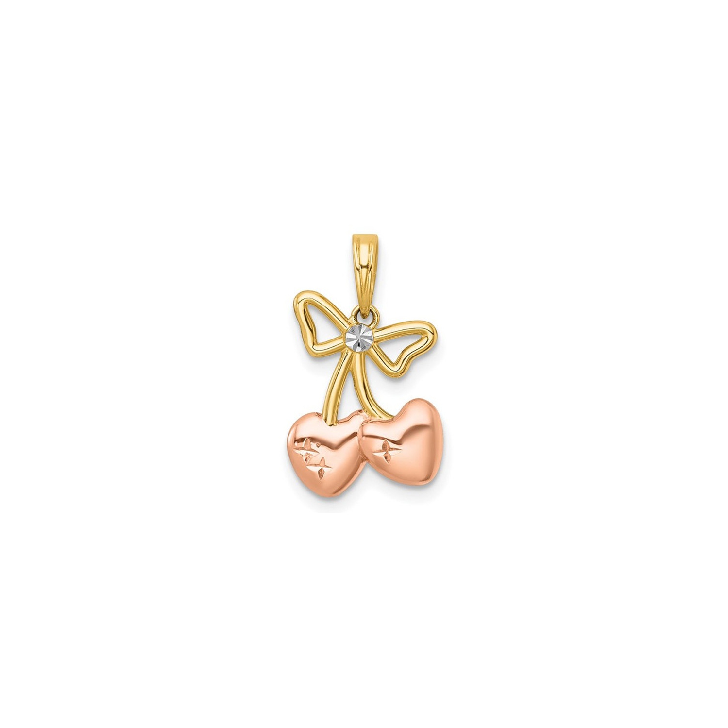 Pendentif en forme de cerises en forme de coeur et de boucle en or jaune et rose 14 K