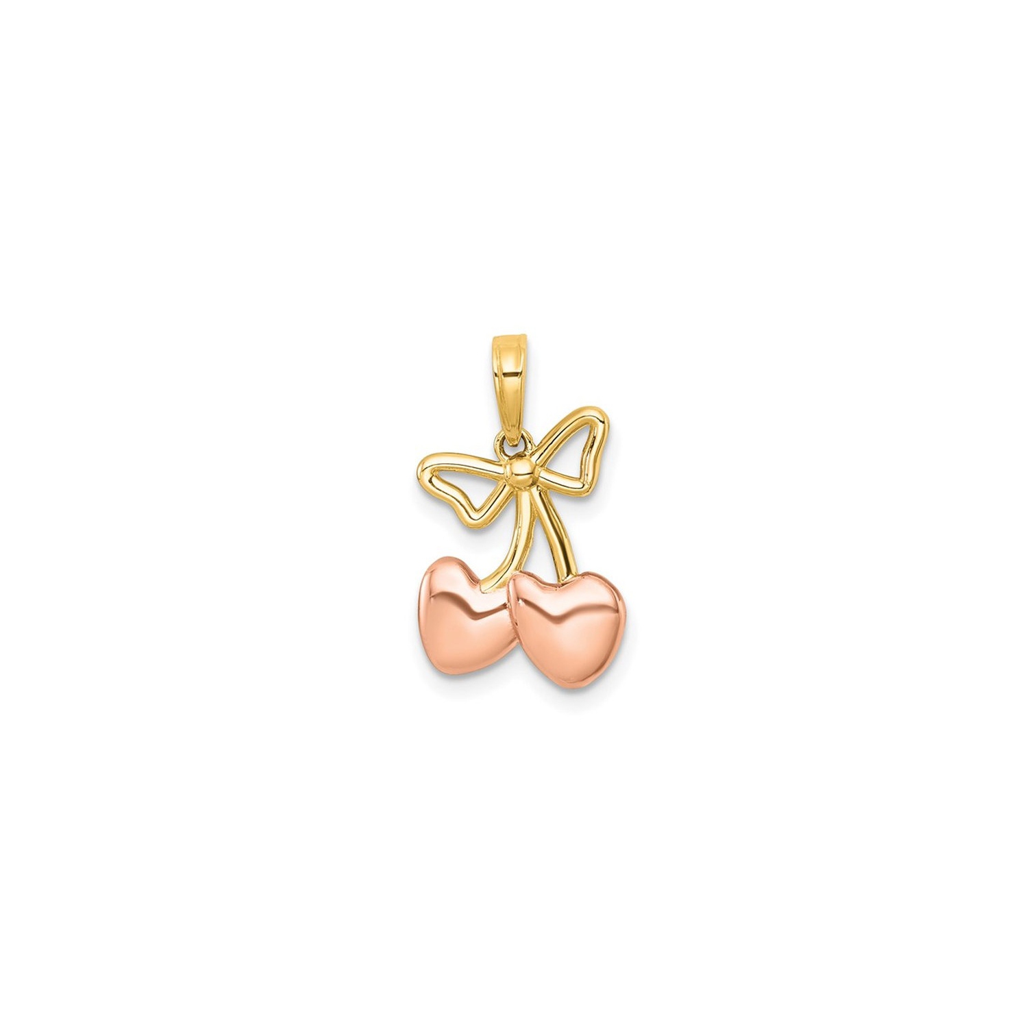 Pendentif en forme de cerises en forme de coeur et de boucle en or jaune et rose 14 K