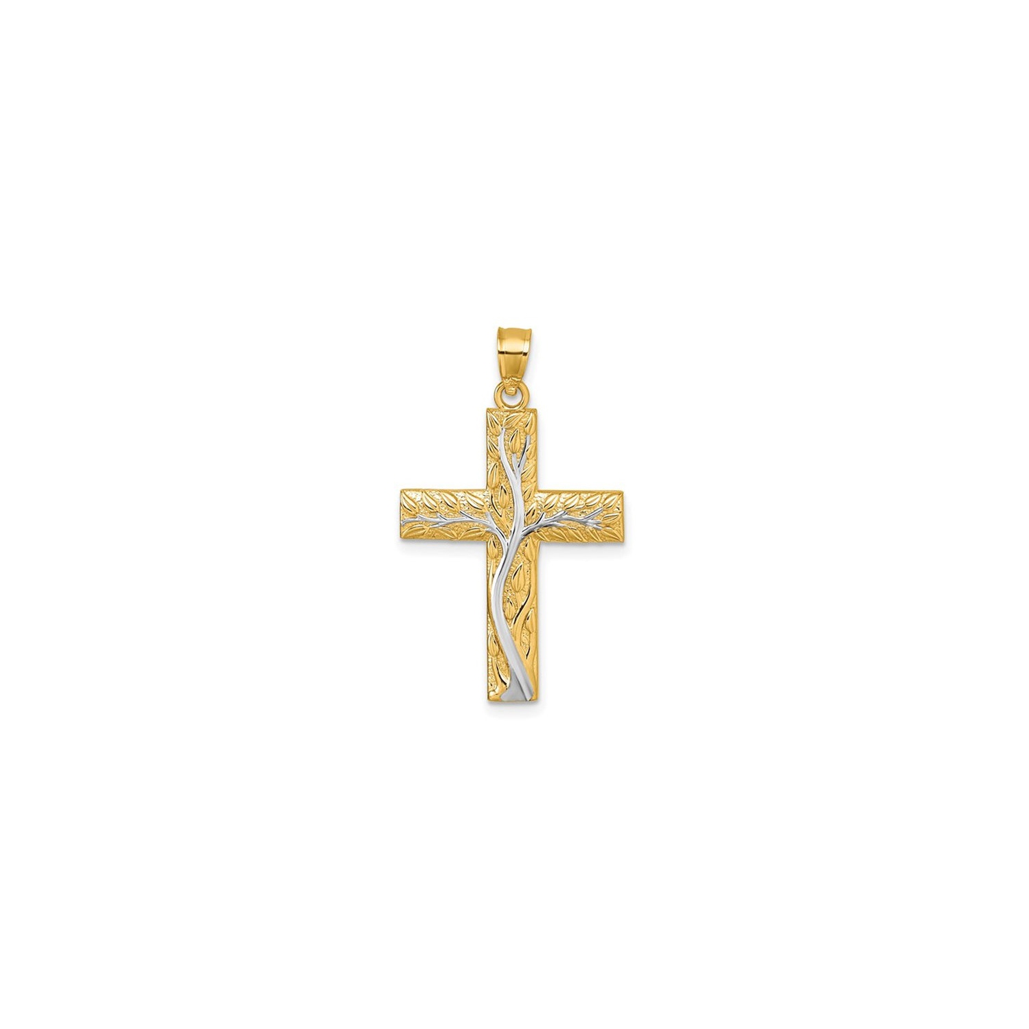 Pendentif en forme d'arbre floral en or jaune et blanc 14 K avec croix à feuilles