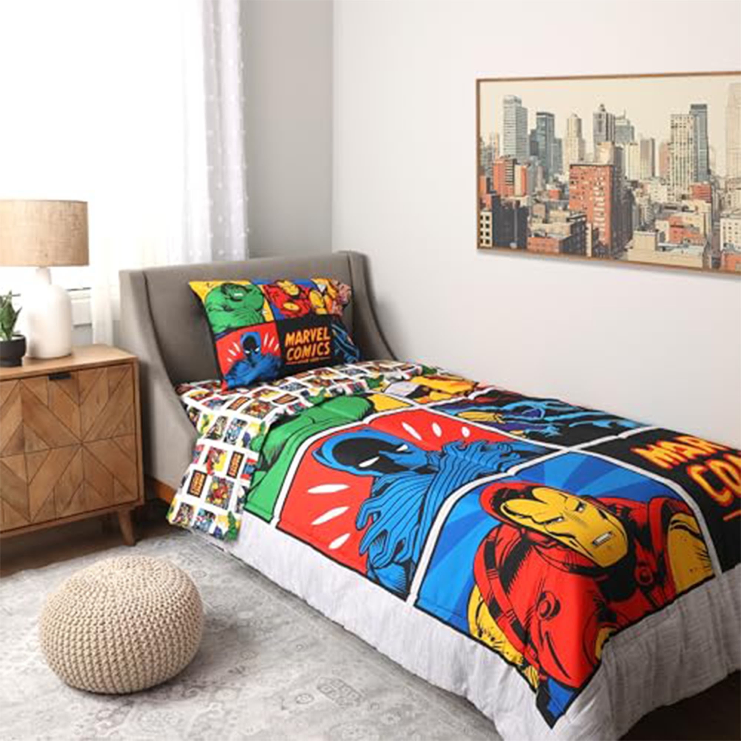 Ensemble de draps Marvel Comics 4 pièces Lit simple dans un sac pour enfants - Couvre-lit réversible, drap plat, drap-housse et taie d'oreiller