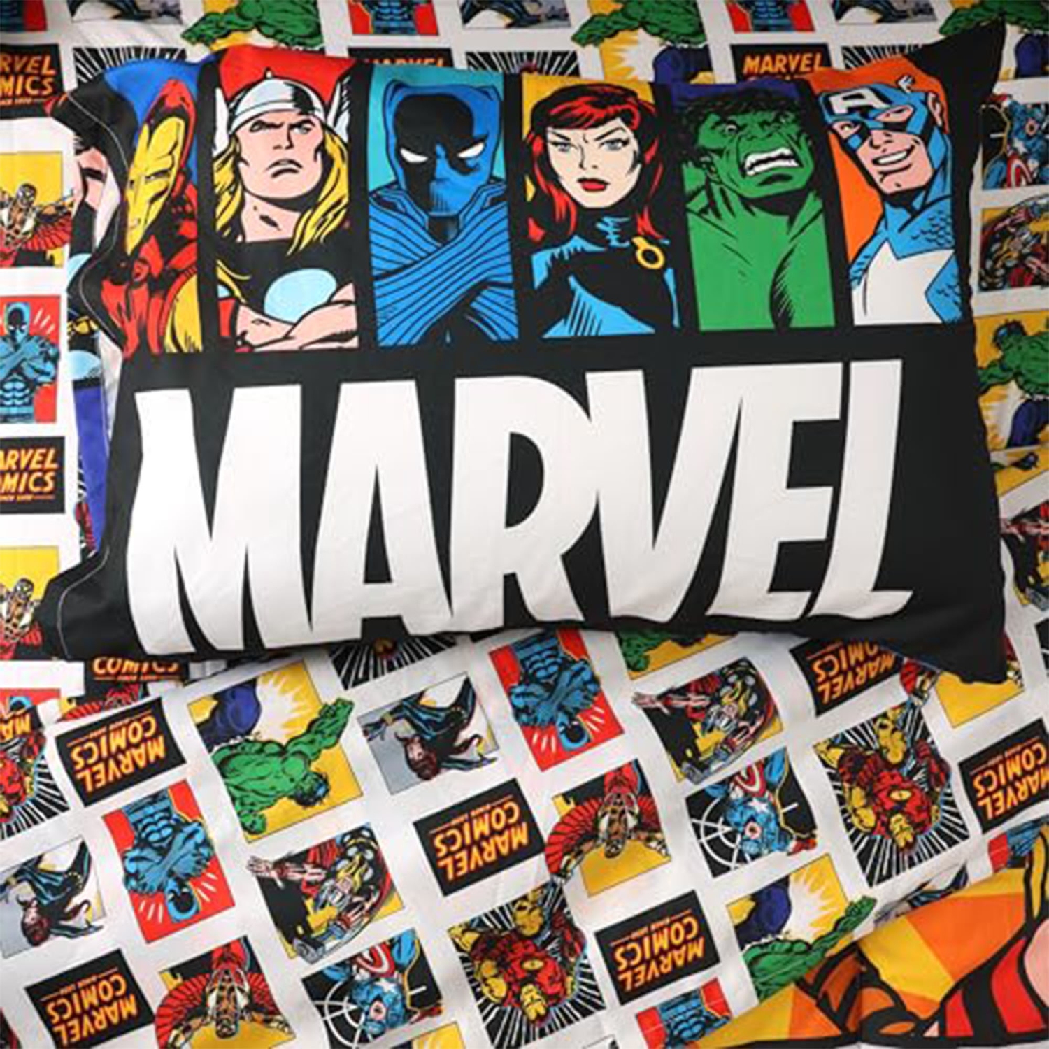 Ensemble de draps Marvel Comics 4 pièces Lit simple dans un sac pour enfants - Couvre-lit réversible, drap plat, drap-housse et taie d'oreiller