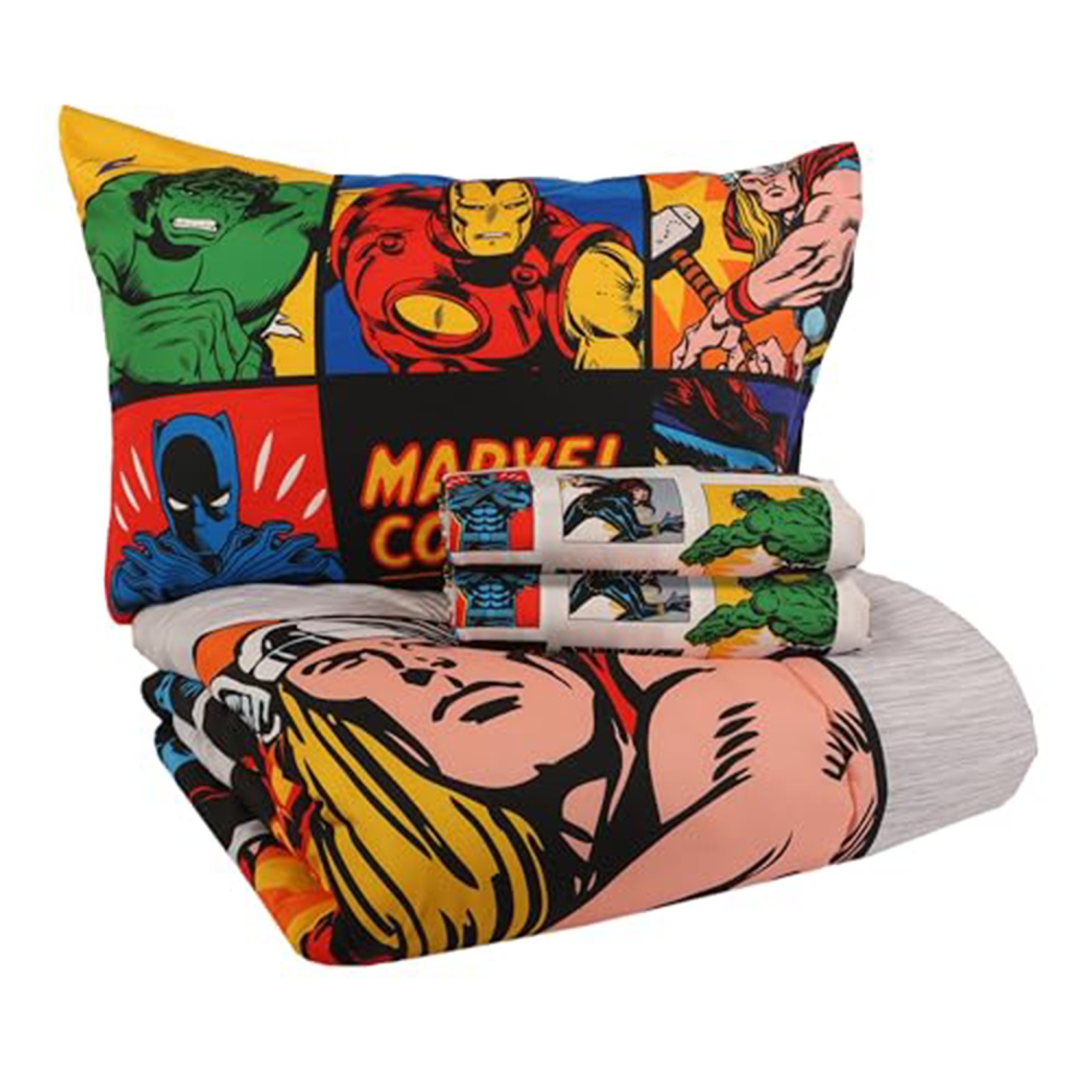 Ensemble de draps Marvel Comics 4 pièces Lit simple dans un sac pour enfants - Couvre-lit réversible, drap plat, drap-housse et taie d'oreiller