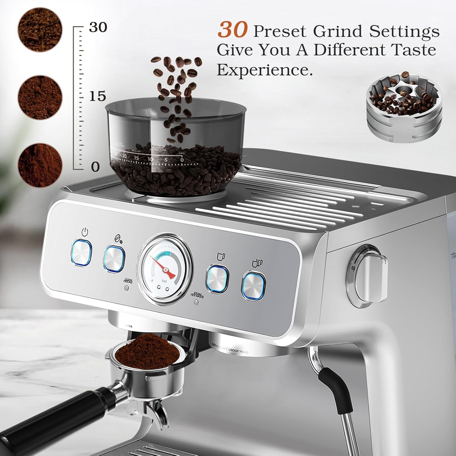 Espresso Machine, 15 Bar Semi-Automatic Espresso Machine with Grinder & Milk Frother Steam Wand, 1350W Home Cappuccino Latte Machine with Removable