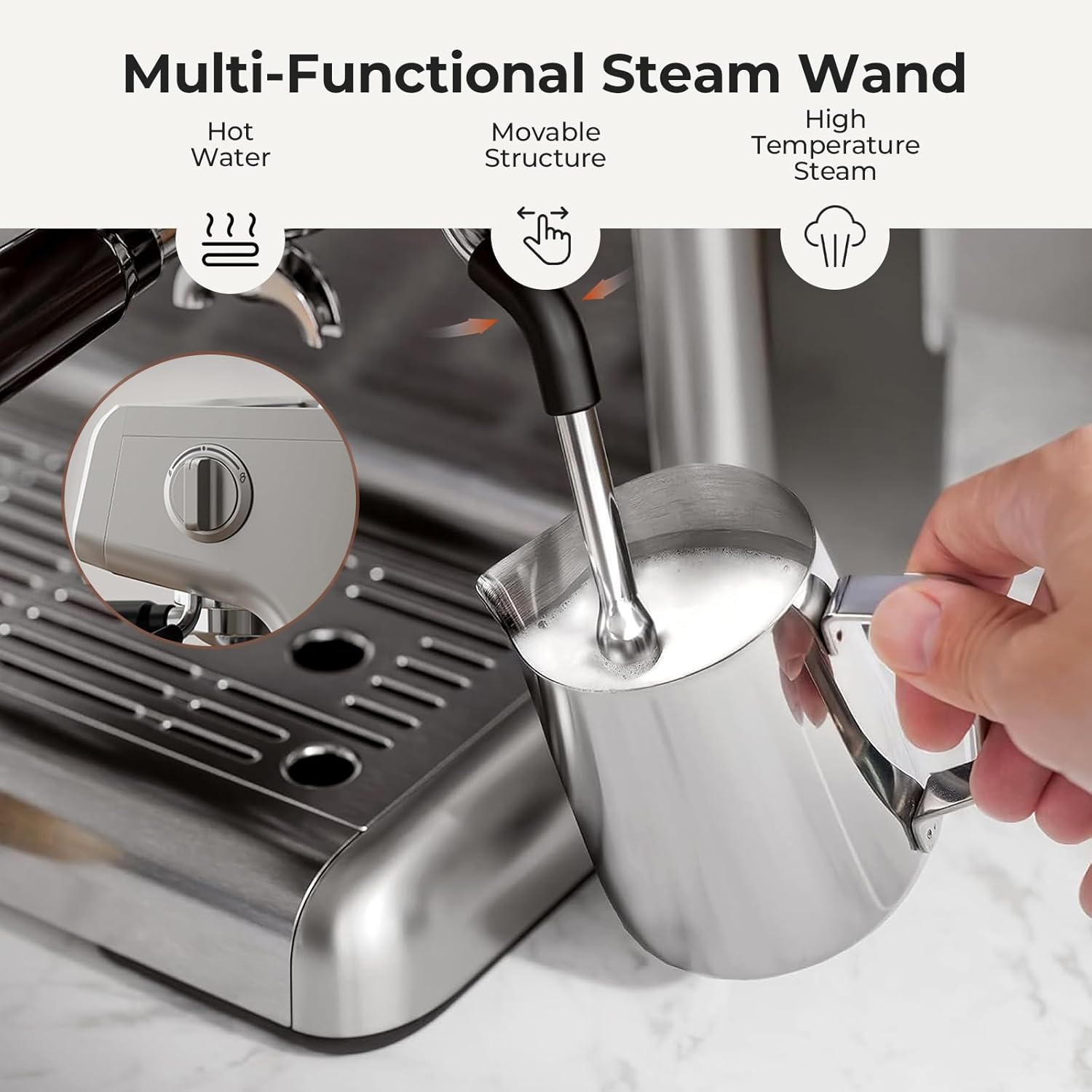 Espresso Machine, 15 Bar Semi-Automatic Espresso Machine with Grinder & Milk Frother Steam Wand, 1350W Home Cappuccino Latte Machine with Removable