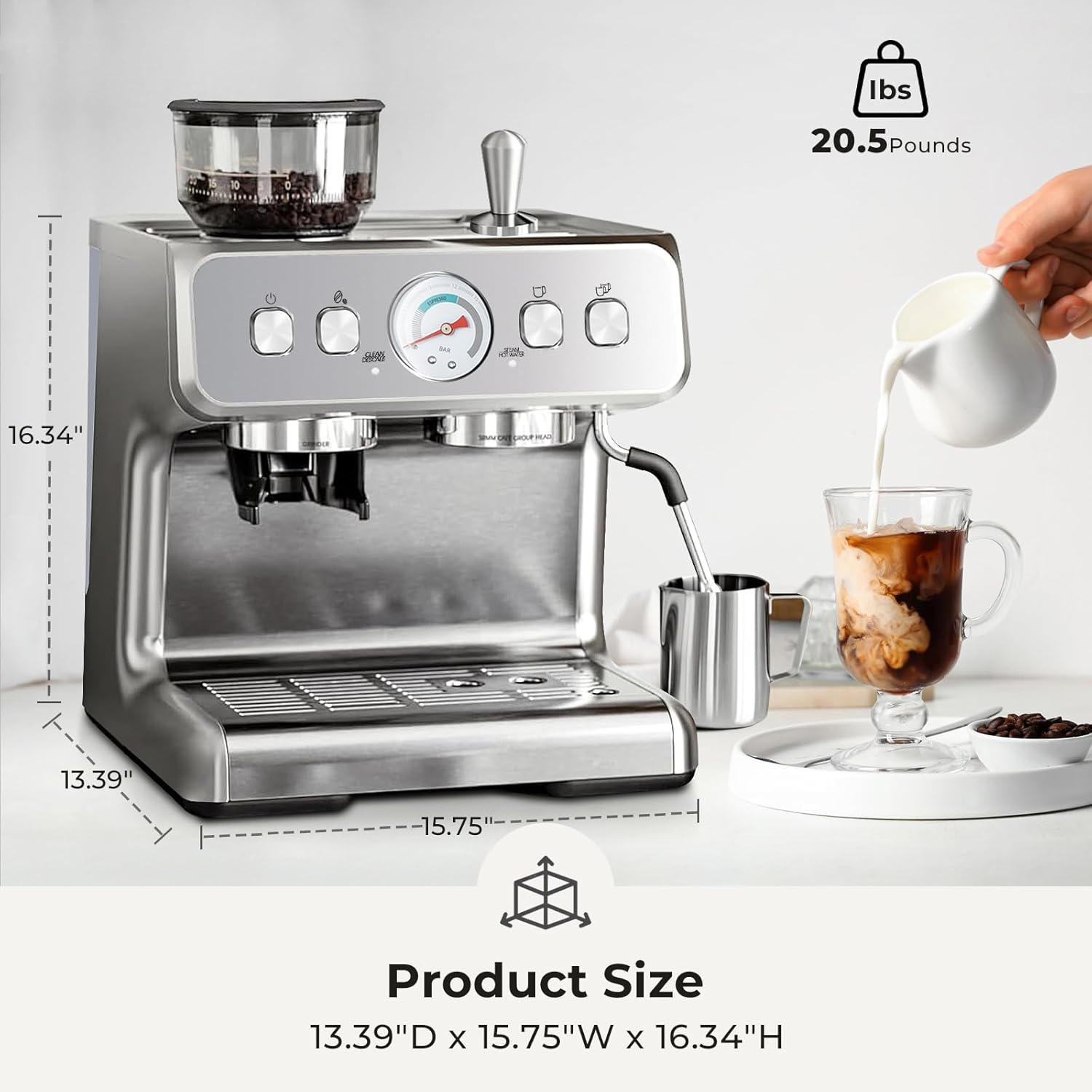 Espresso Machine, 15 Bar Semi-Automatic Espresso Machine with Grinder & Milk Frother Steam Wand, 1350W Home Cappuccino Latte Machine with Removable