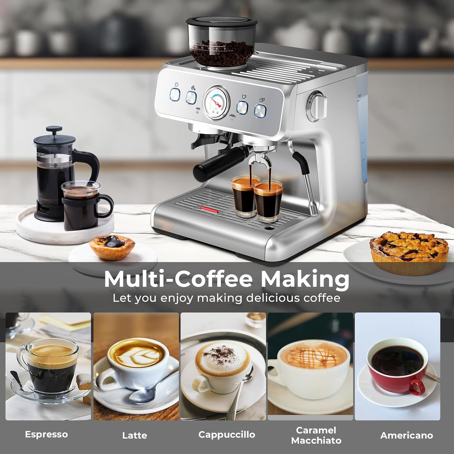 Espresso Machine, 15 Bar Semi-Automatic Espresso Machine with Grinder & Milk Frother Steam Wand, 1350W Home Cappuccino Latte Machine with Removable
