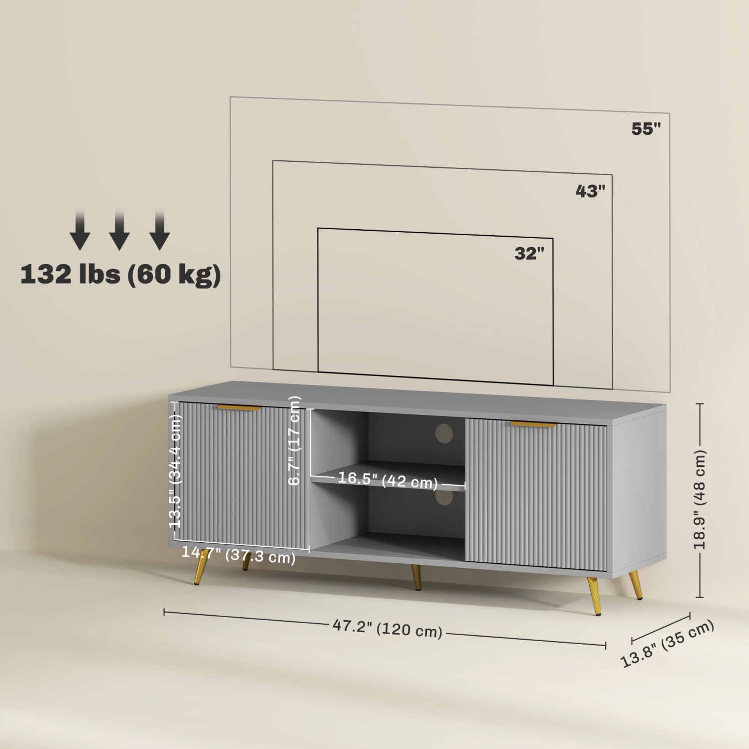 Meuble pour téléviseur de HOMCOM avec rangement pour téléviseur de 55 po, table moderne pour téléviseur avec 2 tablettes ouvertes et 2 armoires,