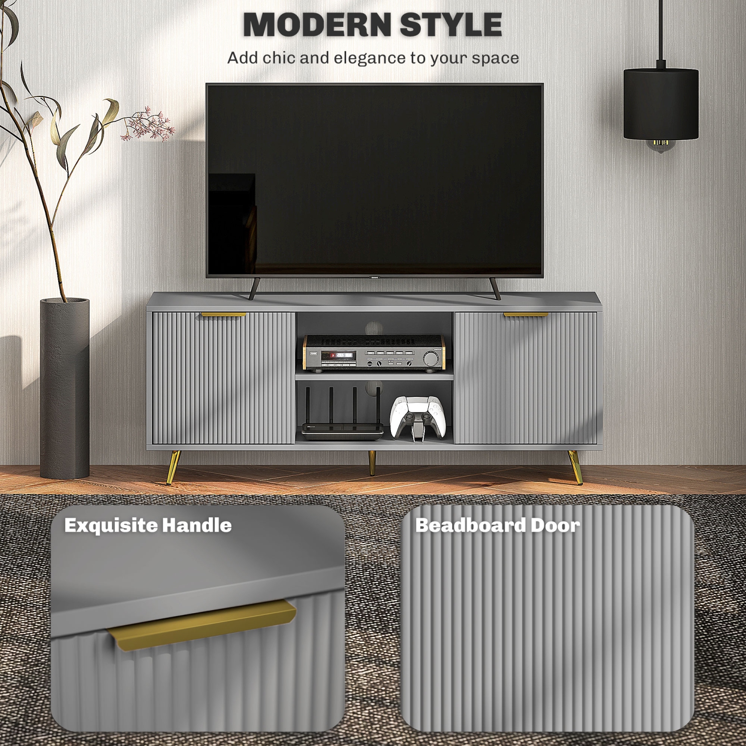 Meuble pour téléviseur de HOMCOM avec rangement pour téléviseur de 55 po, table moderne pour téléviseur avec 2 tablettes ouvertes et 2 armoires,