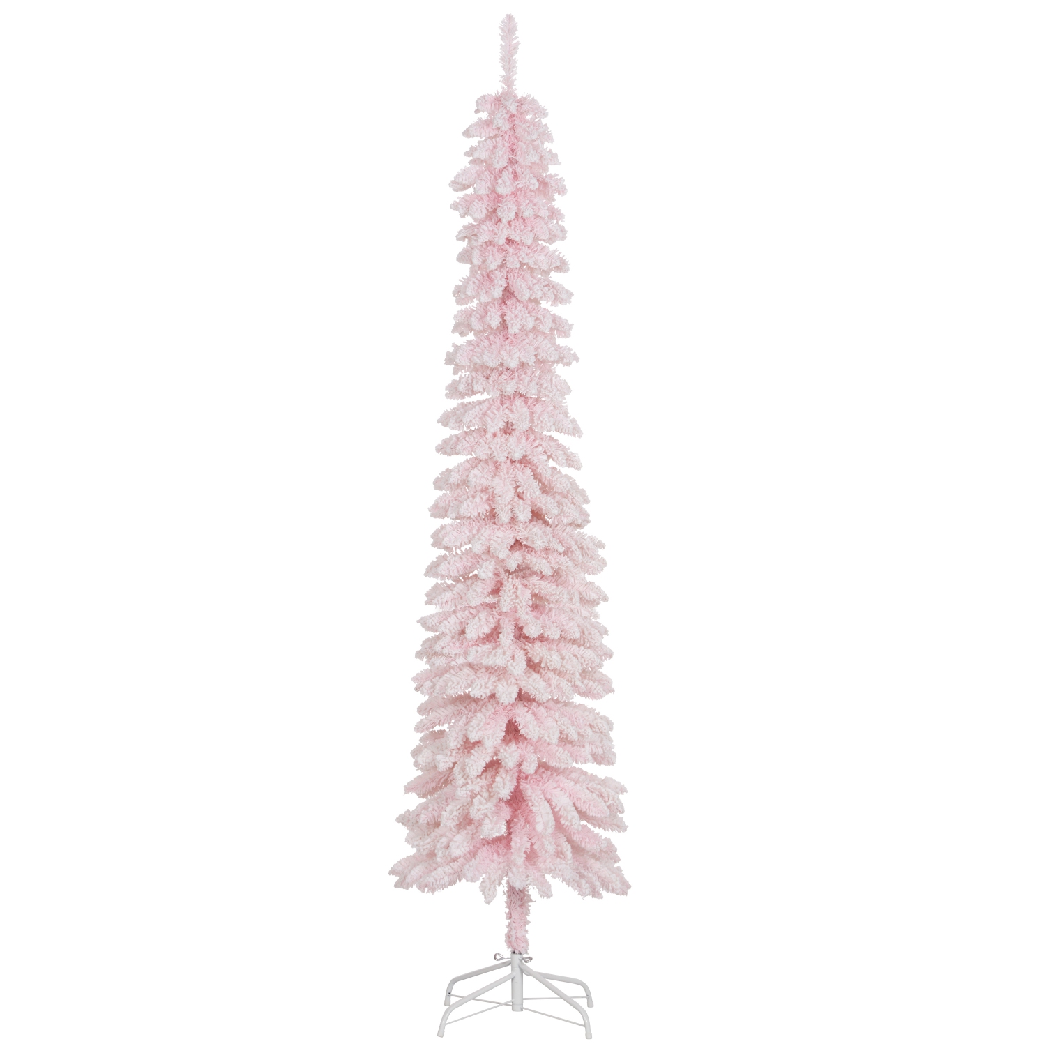 HOMCOM 7 FT Snow-Flocked Artificial Christmas Tree, Slim Pencil Xmas Tree with Realistic Branches, Metal Base, Pink